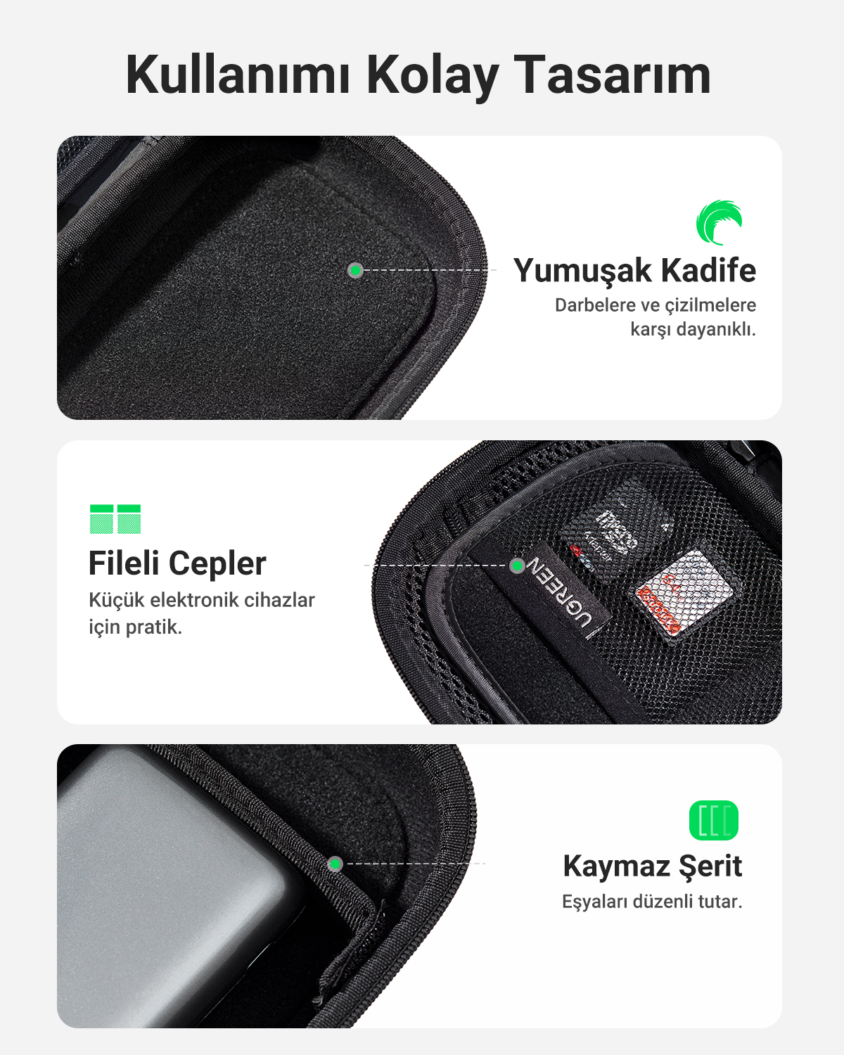 Yumuşak astarlı, file cepli, lastikli siyah saklama çantası.
