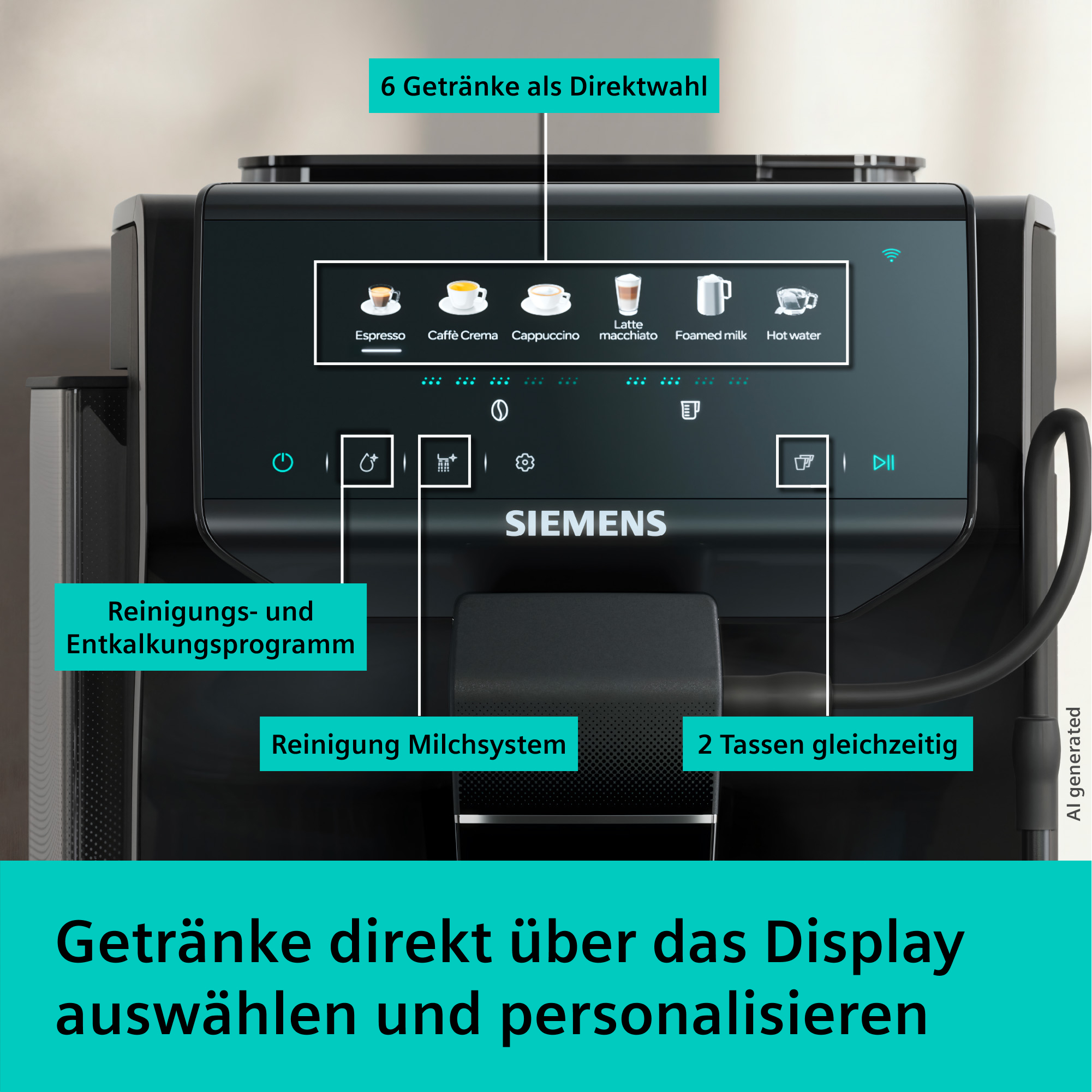 Siemens Kaffeevollautomat mit Touchscreen-Bedienung und Getränkeauswahl.