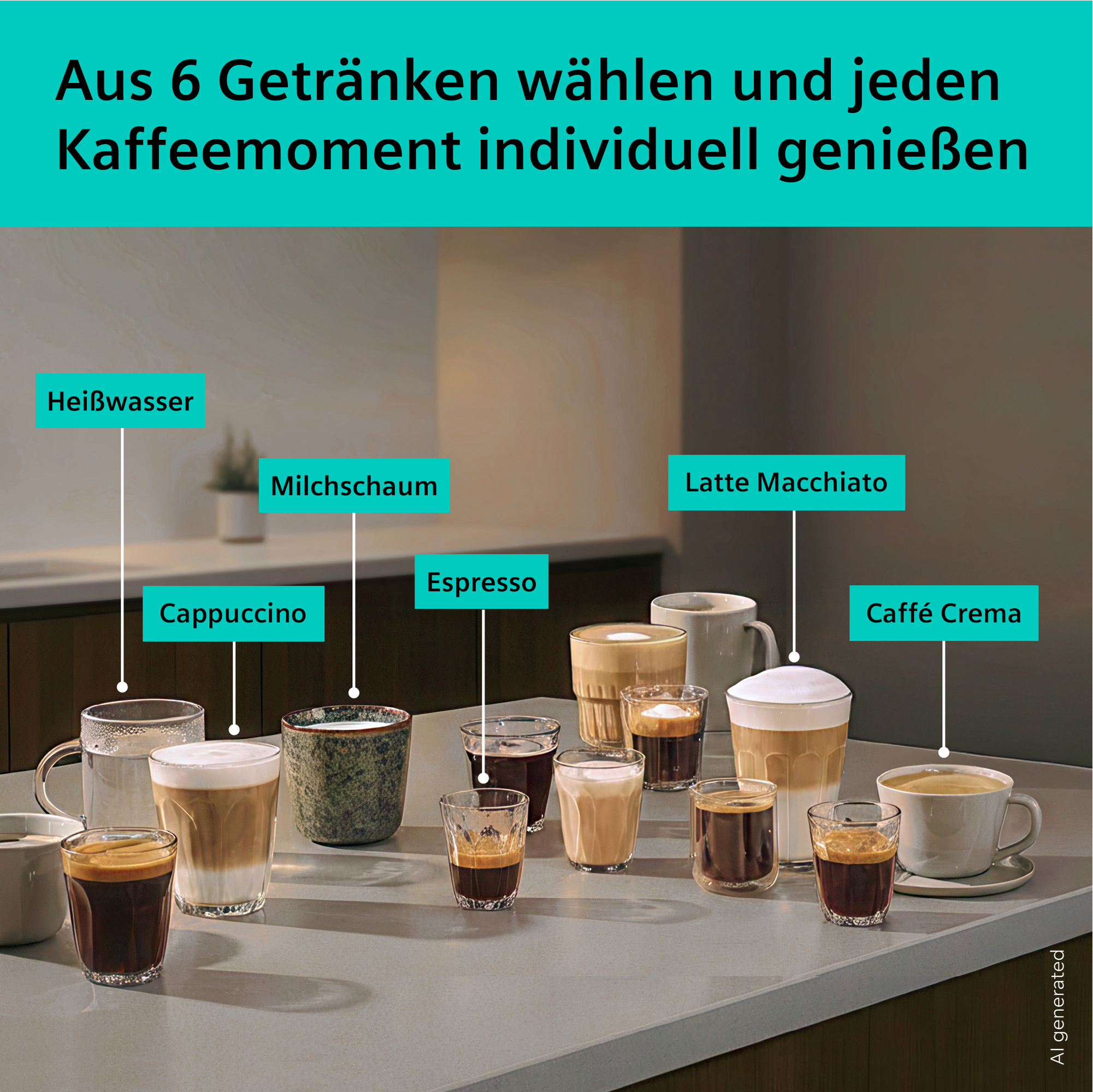 Verschiedene Kaffeespezialitäten und Heißwasser auf einer Arbeitsplatte.