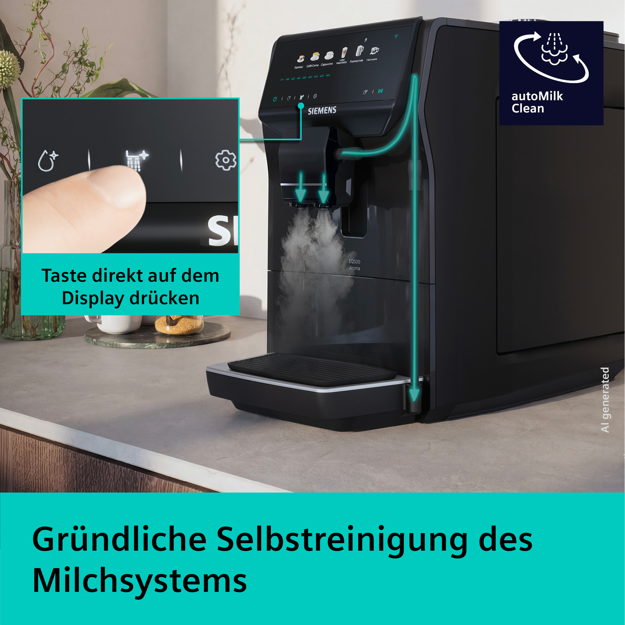 Kaffeemaschine mit Touchscreen zeigt Reinigungssymbol. Dampf steigt auf.