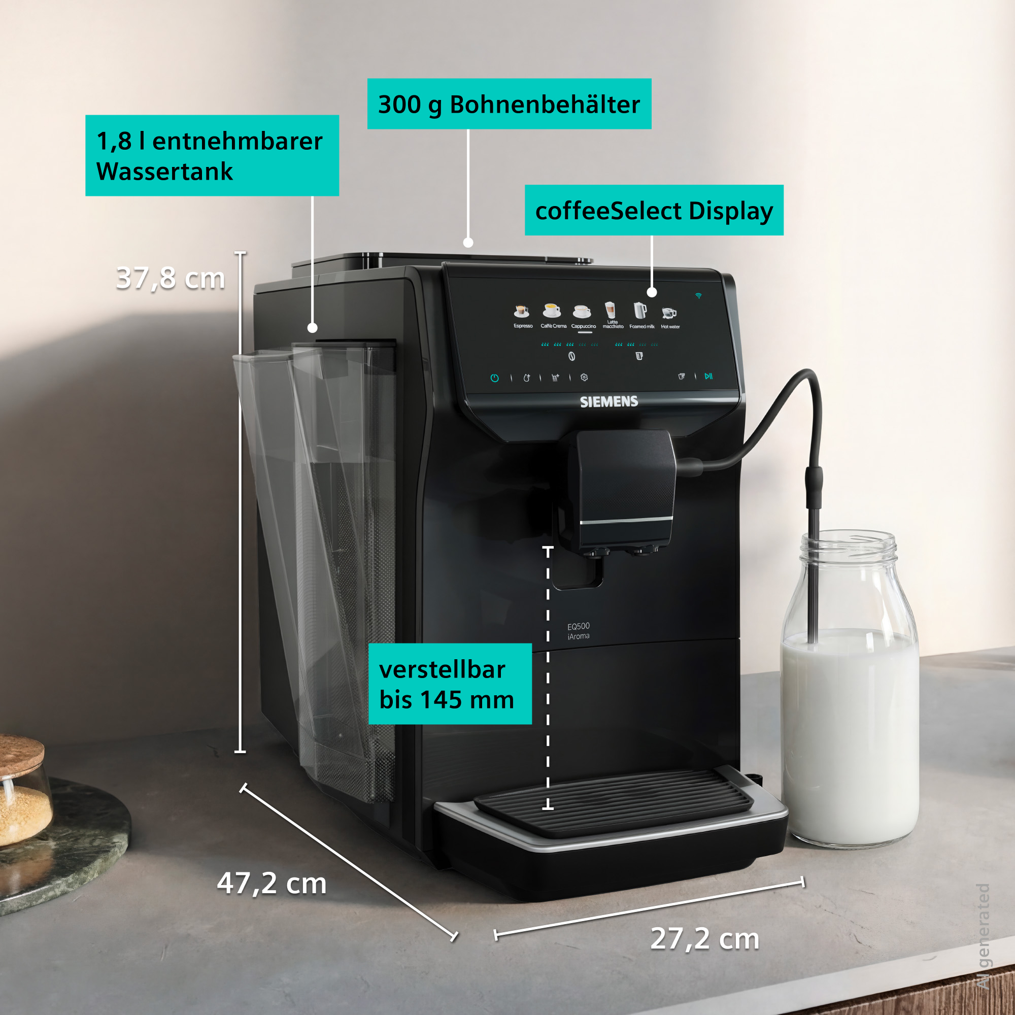 Schwarze Siemens EQ500 Kaffeevollautomat mit 1,8L Wassertank und 300g Bohnenbehälter.