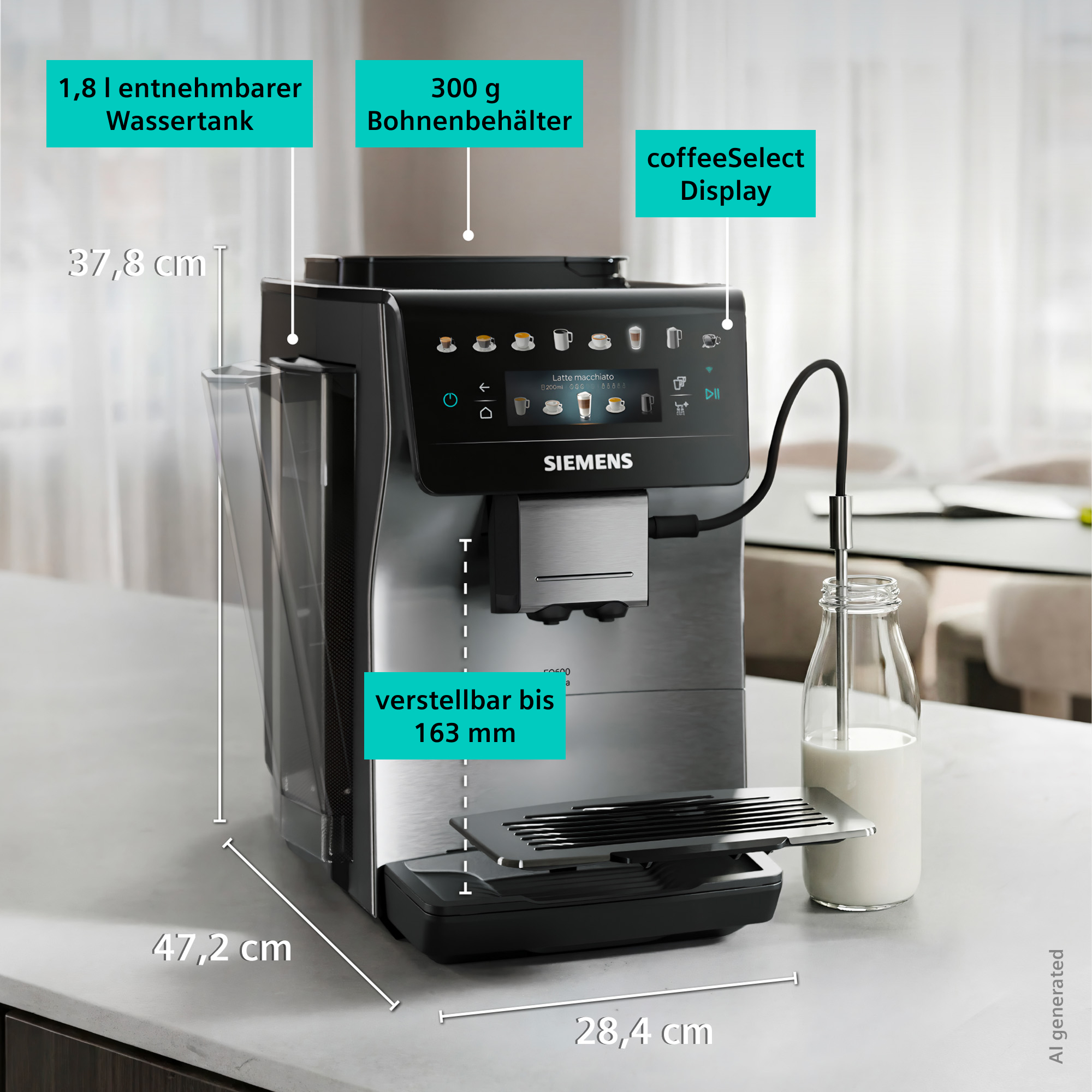 Siemens Kaffeevollautomat mit 1,8L Wassertank, 300g Bohnenbehälter, Display.