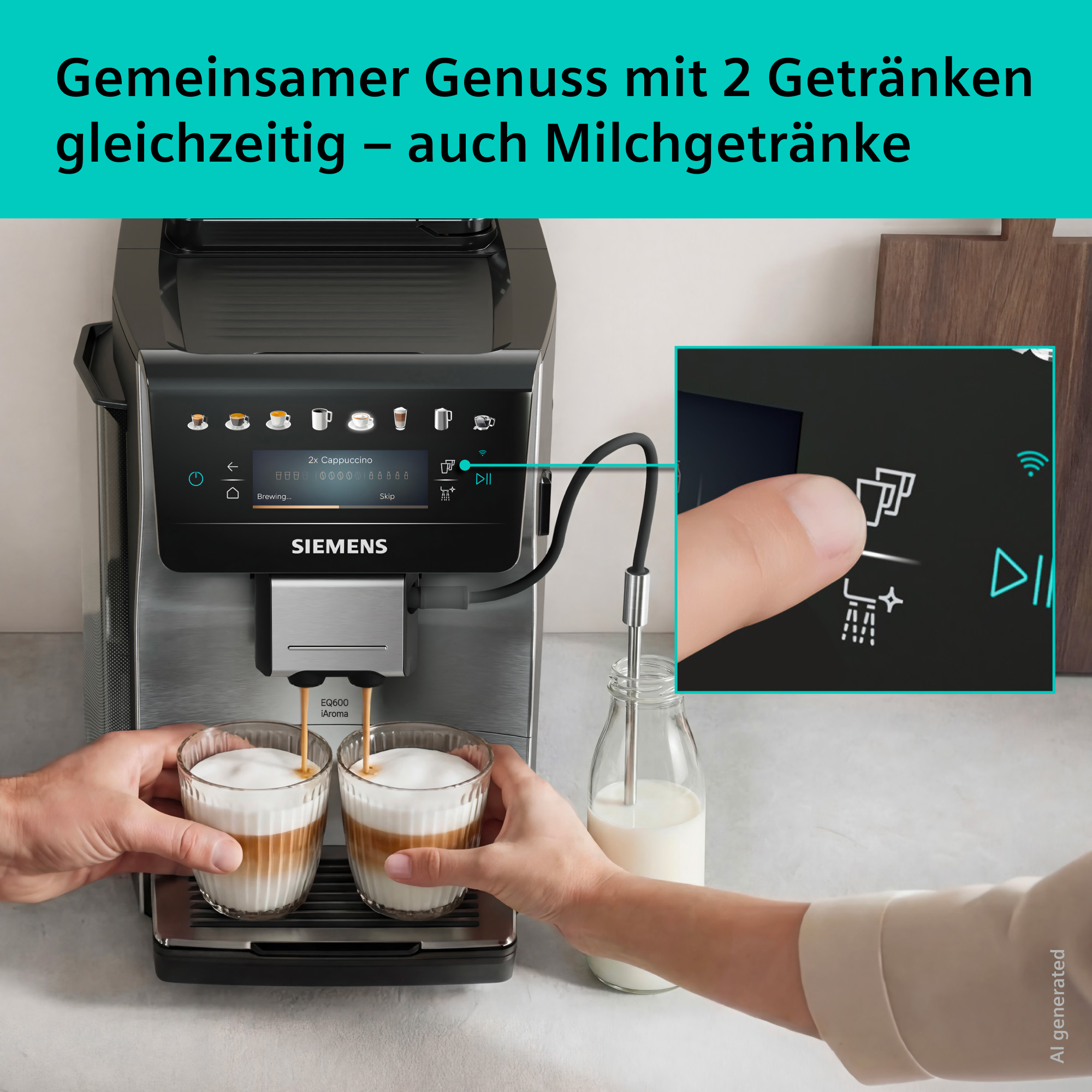 Kaffeemaschine brüht zwei Cappuccinos, Milchflasche daneben.