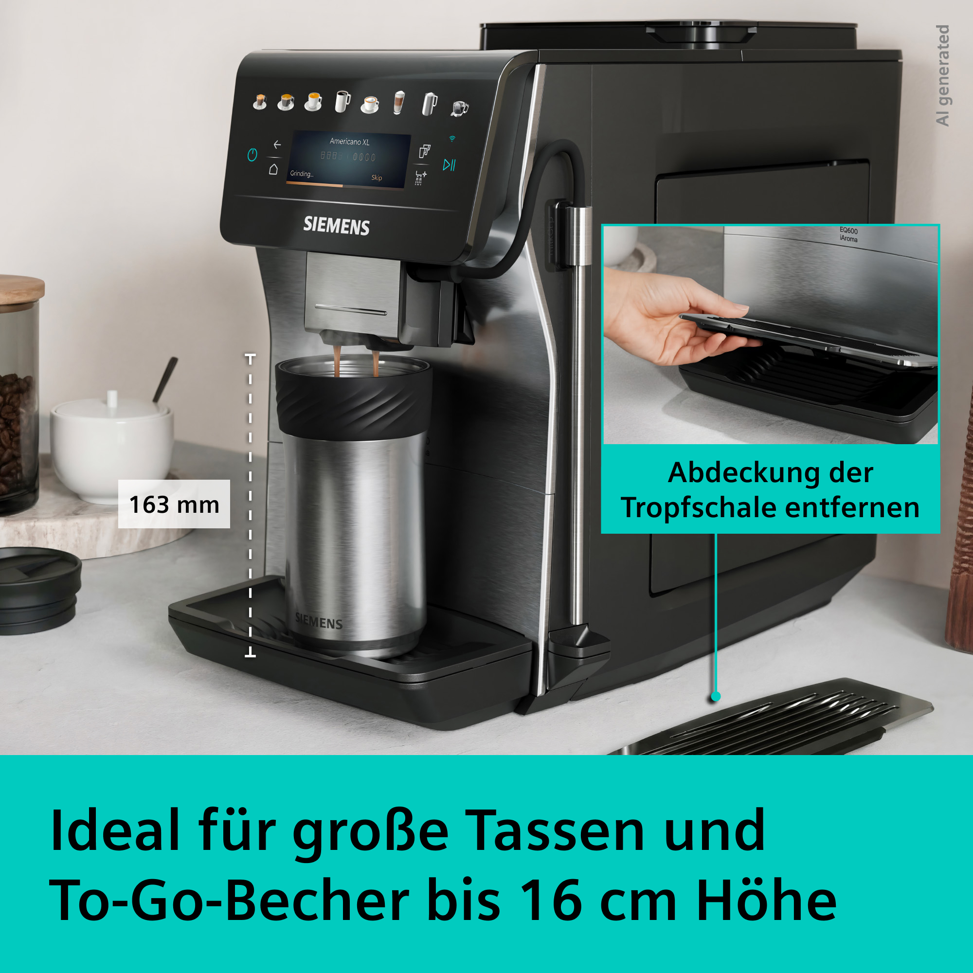 Kaffeemaschine brüht in silbernen Becher. Maximal 16,3 cm Höhe.
