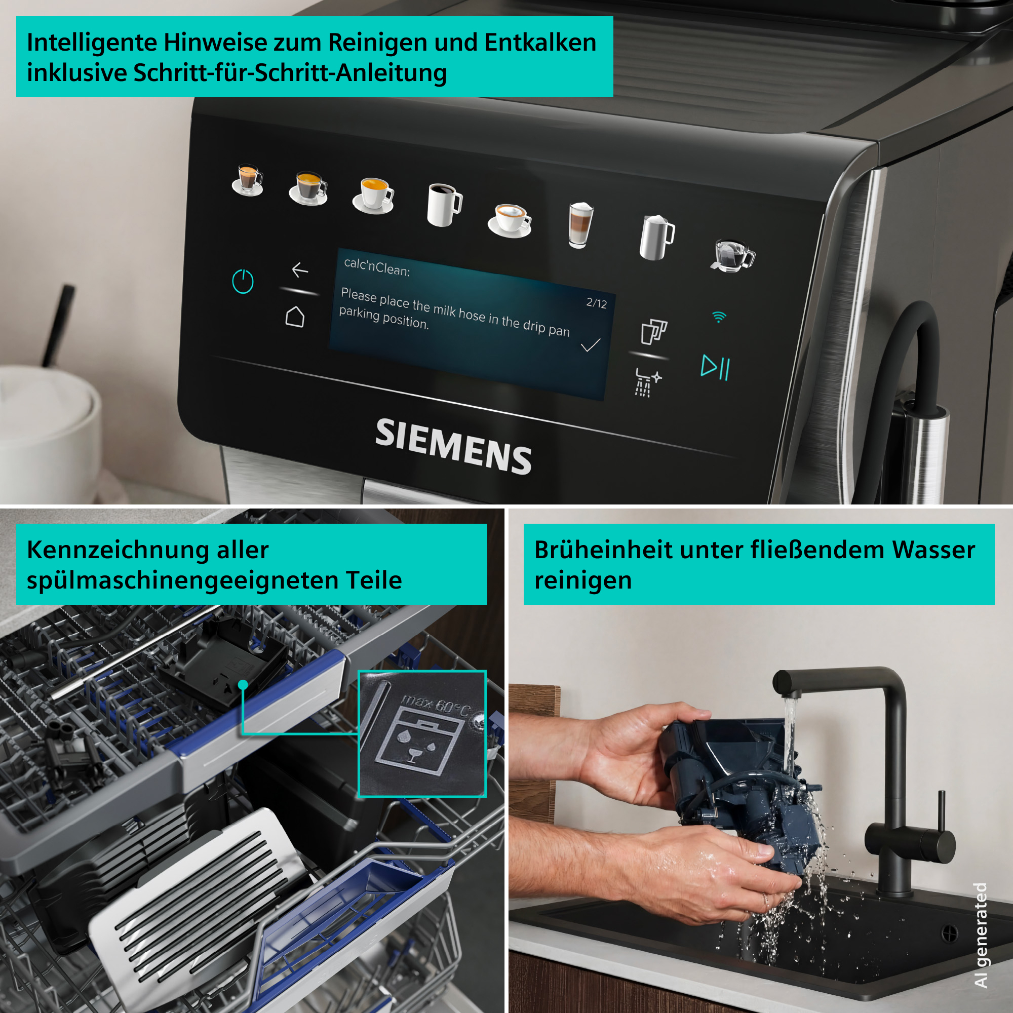 Kaffeevollautomat mit Touchscreen, Spülmaschine und Brüheinheit unter Wasser.