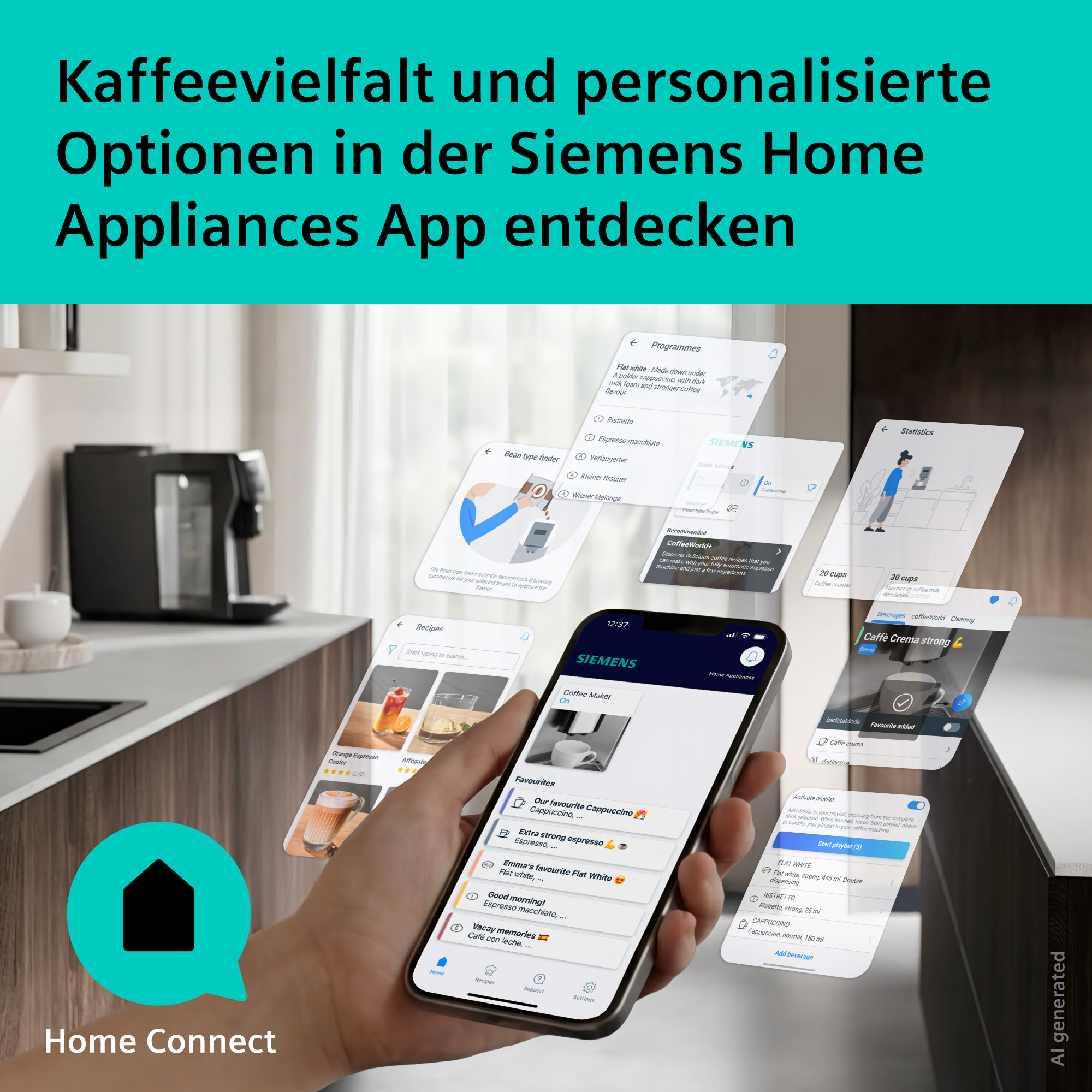 Siemens Home Connect App mit Kaffeeauswahl und Rezepten auf dem Handy.