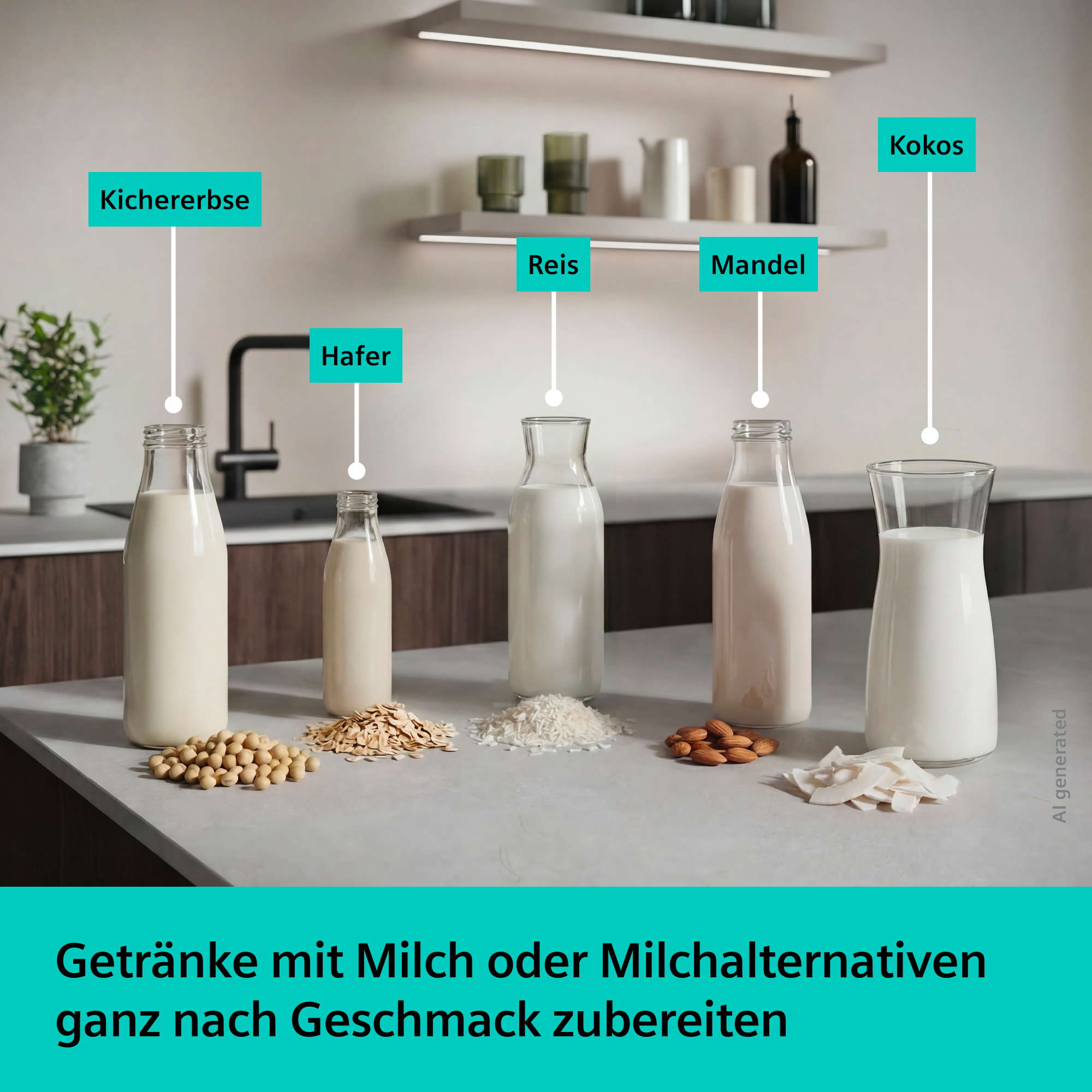 Fünf Flaschen mit Milchalternativen: Kichererbse, Hafer, Reis, Mandel, Kokos.