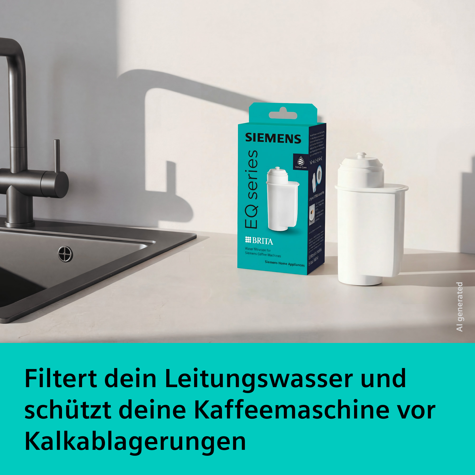 Siemens EQ Serie Brita Wasserfilter-Verpackung neben einer Spüle mit Armatur.