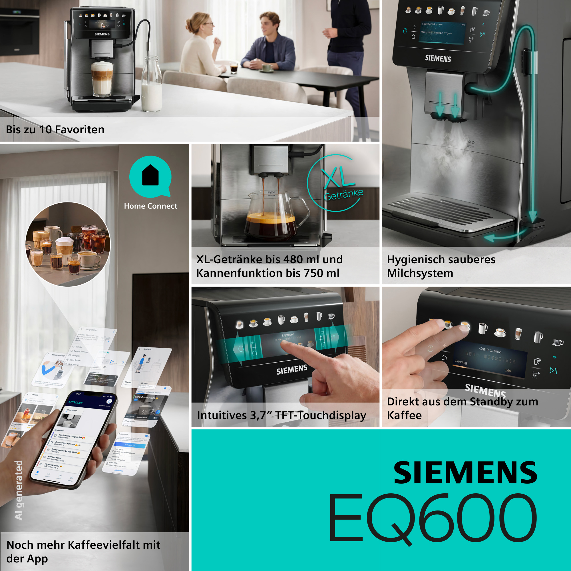 Siemens EQ600 Kaffeevollautomat mit Touchdisplay und App-Steuerung.