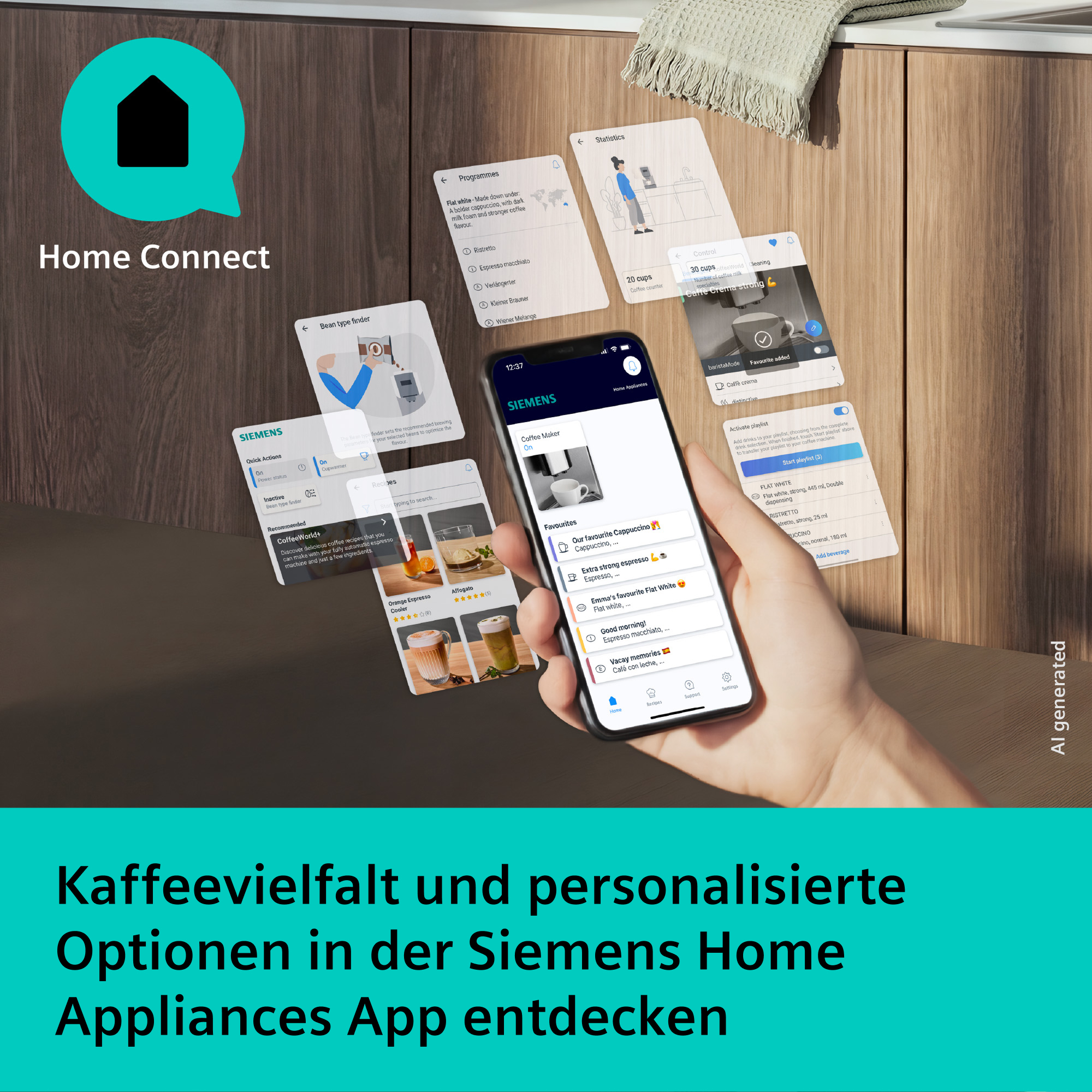 Eine Hand hält ein Smartphone, das die Siemens Home Appliances App zeigt, mit Kaffeeoptionen.