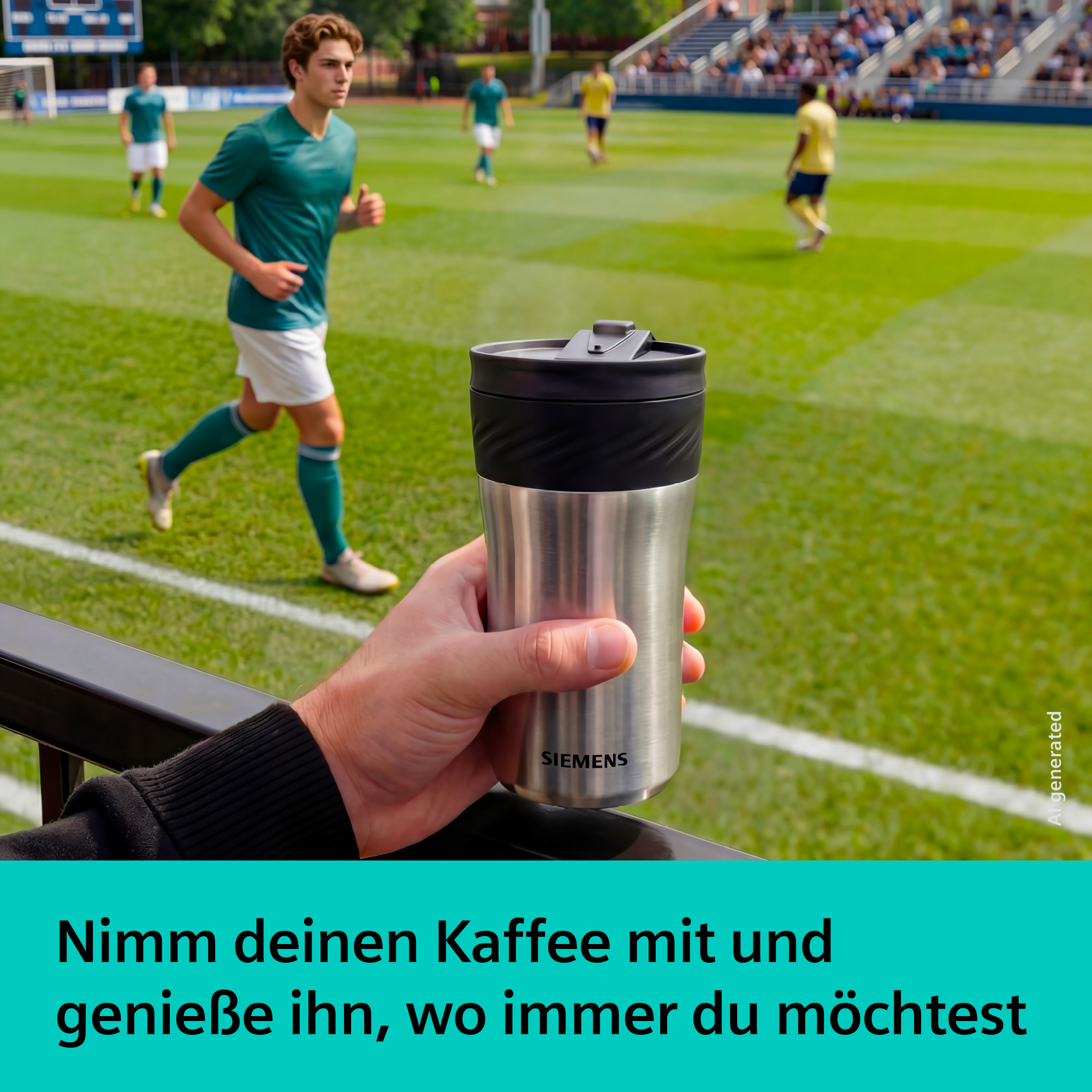 Mann hält silbernen Becher vor Fußballspiel. Siemens Logo sichtbar.