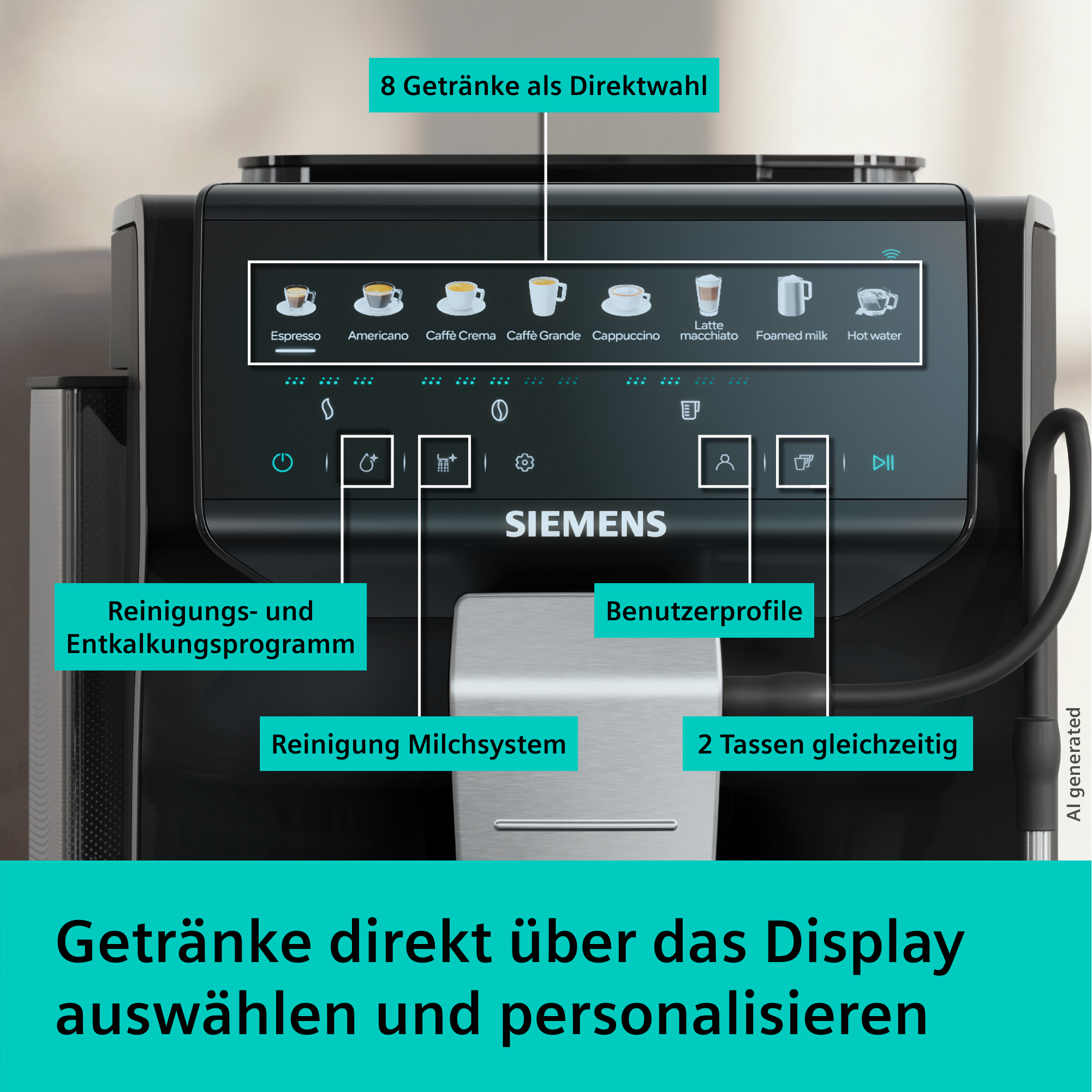 Siemens Kaffeemaschine mit Touchscreen, 8 Getränke, Reinigungsoptionen.