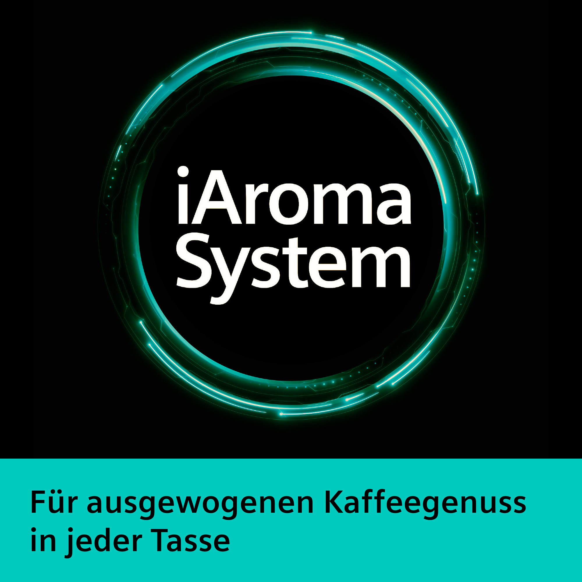 Der iAroma System Schriftzug auf schwarzem Hintergrund mit Türkis-Leuchten.