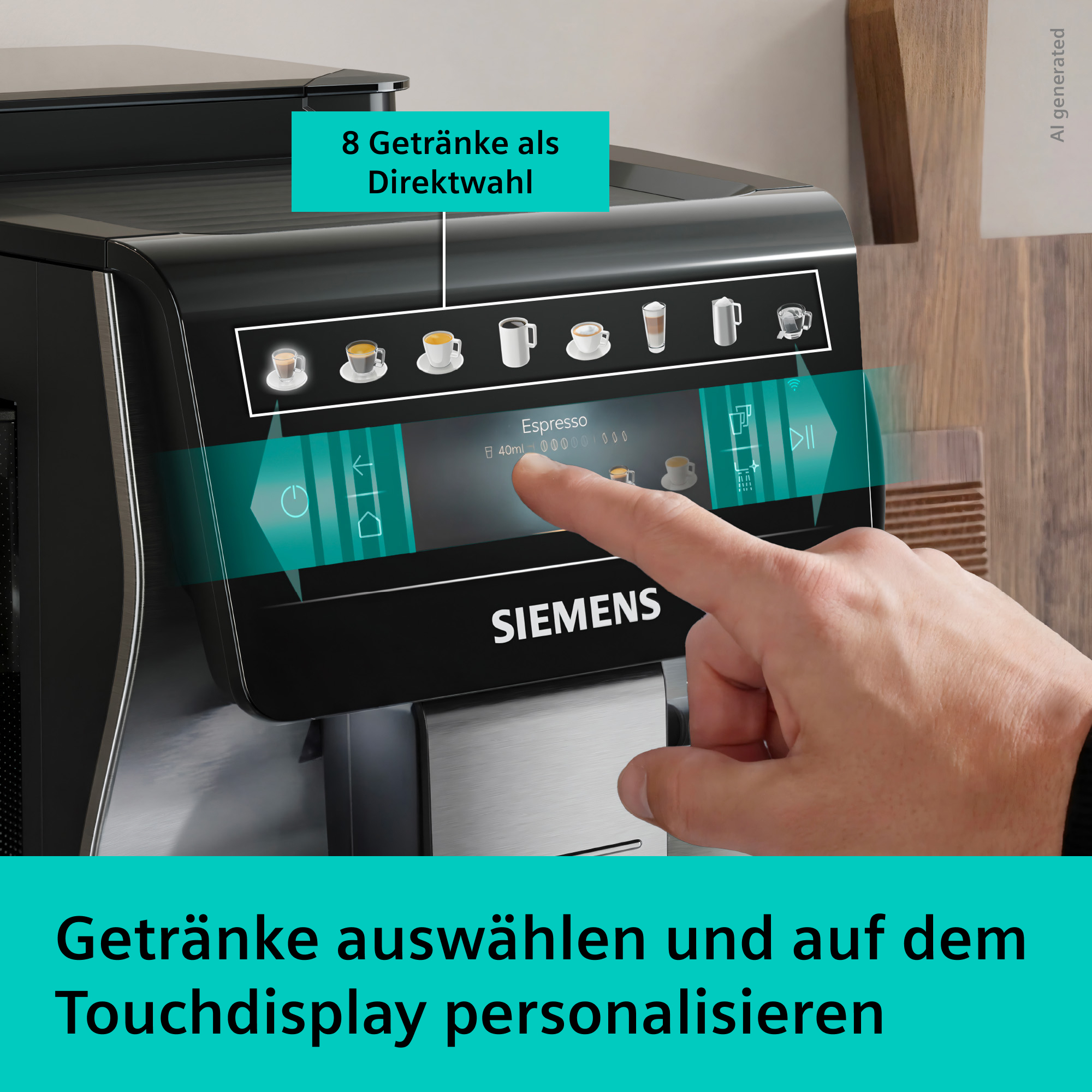 Eine Hand bedient das Touchdisplay einer Siemens Kaffeemaschine mit Getränkeauswahl.