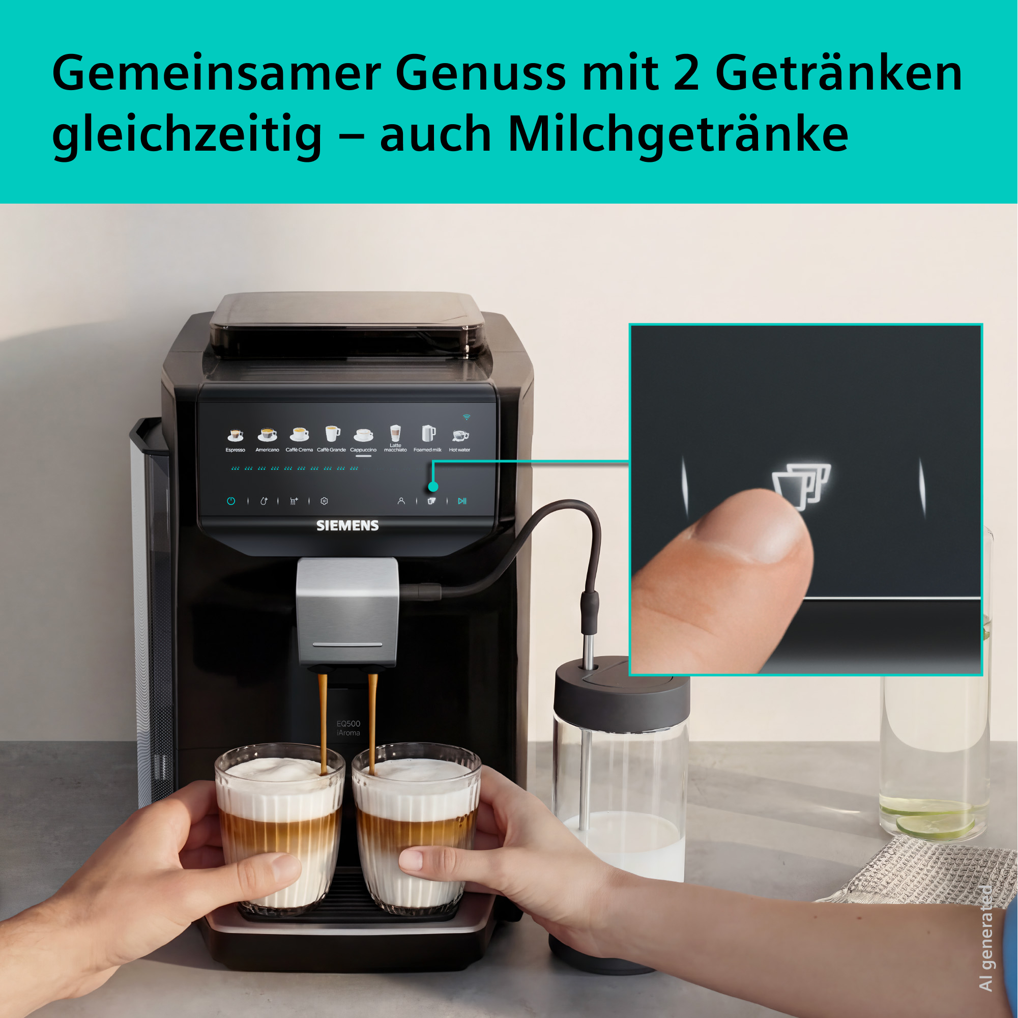 Kaffeemaschine brüht zwei Getränke gleichzeitig. Mit Milchbehälter und zwei Gläsern.