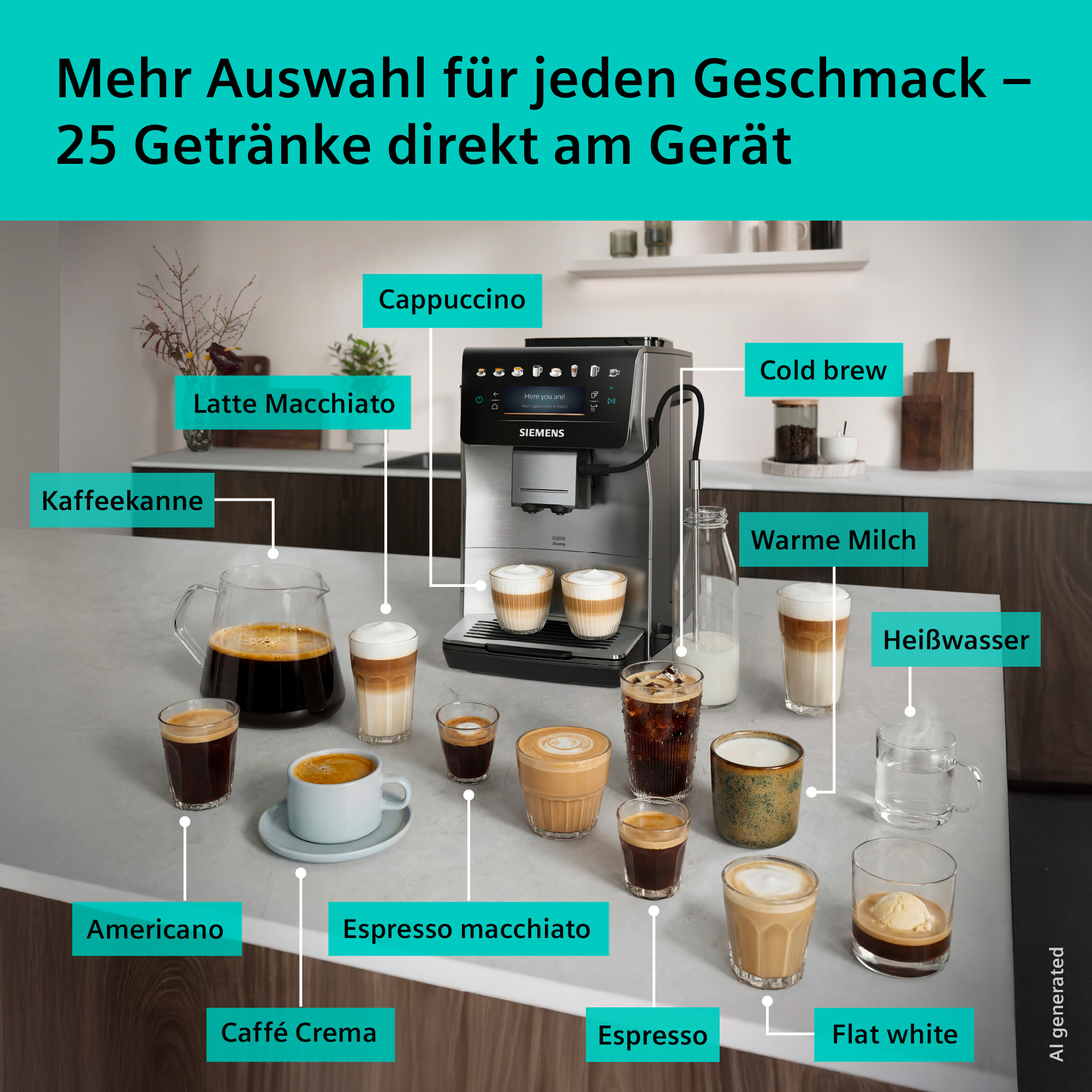 Kaffeemaschine mit verschiedenen Kaffeespezialitäten und Zutaten daneben.