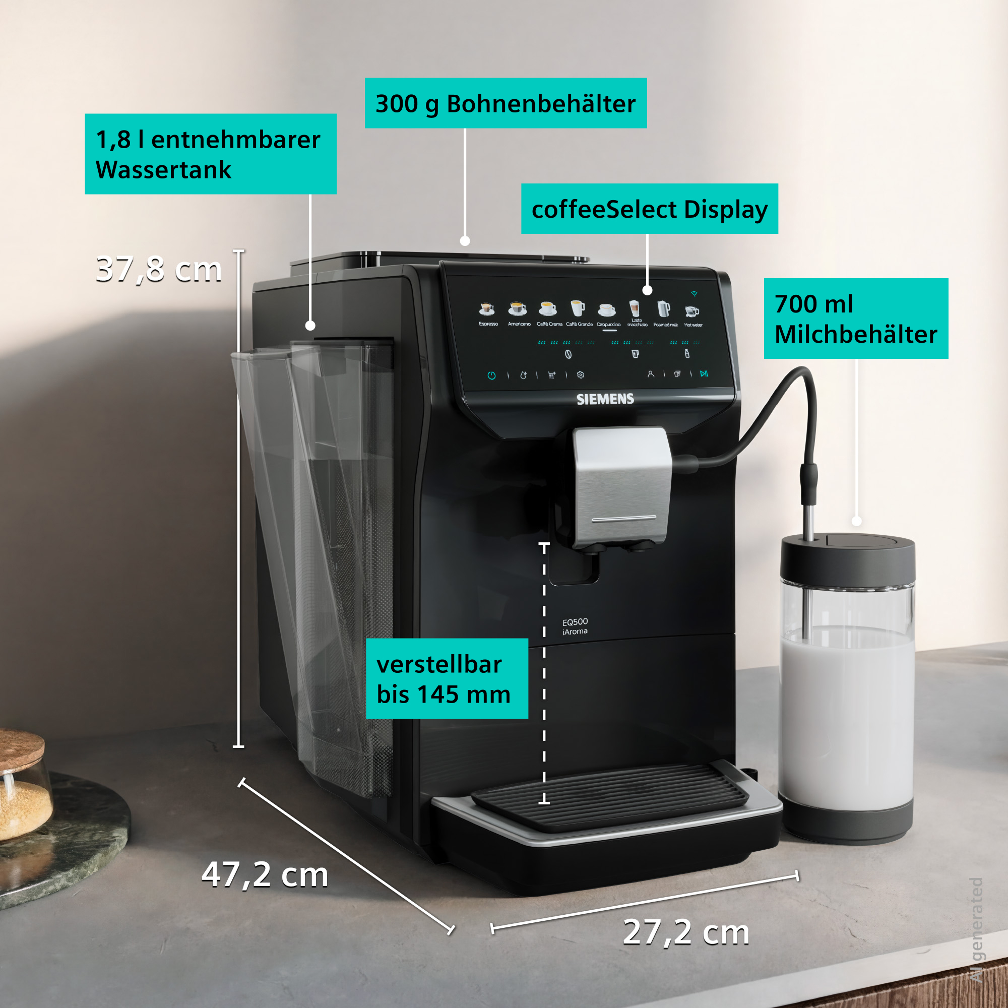 Schwarze Siemens EQ500 Kaffeevollautomat mit Milchbehälter und Wassertank.