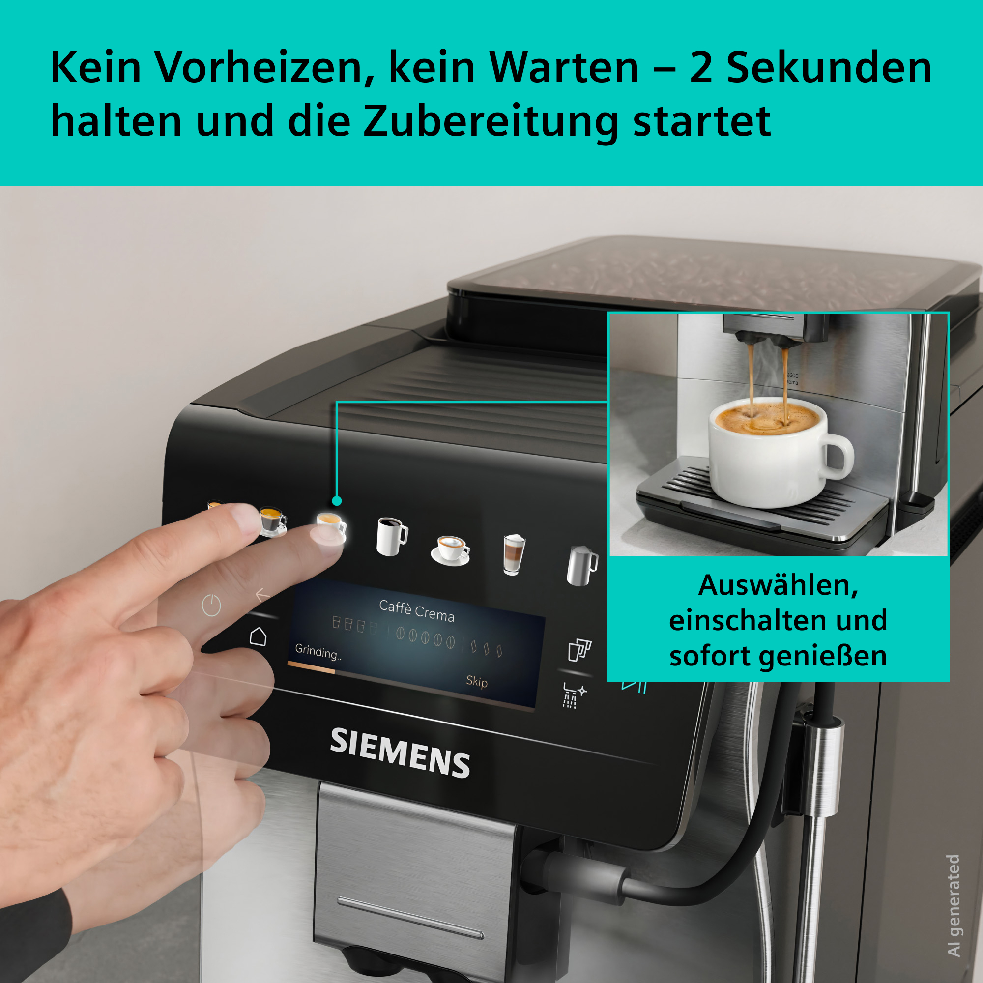 Ein Finger drückt auf ein Symbol einer Kaffeetasse auf dem Display einer Kaffeemaschine.