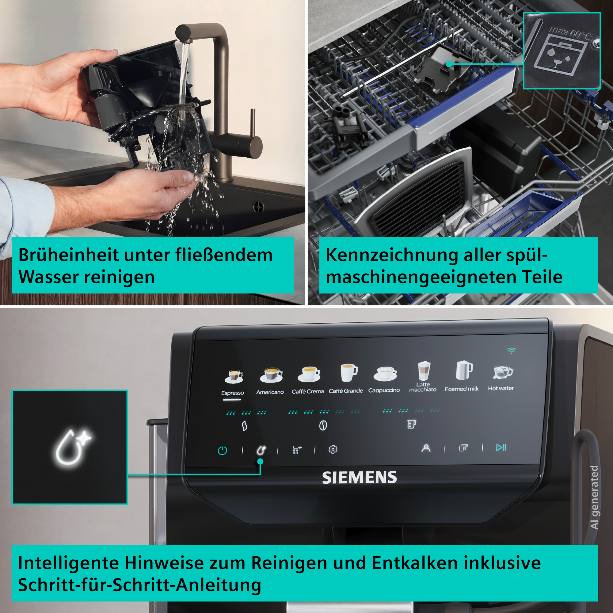 Kaffeemaschinenpflege: Brüheinheit reinigen, spülmaschinengeeignete Teile, und digitale Anleitungen.