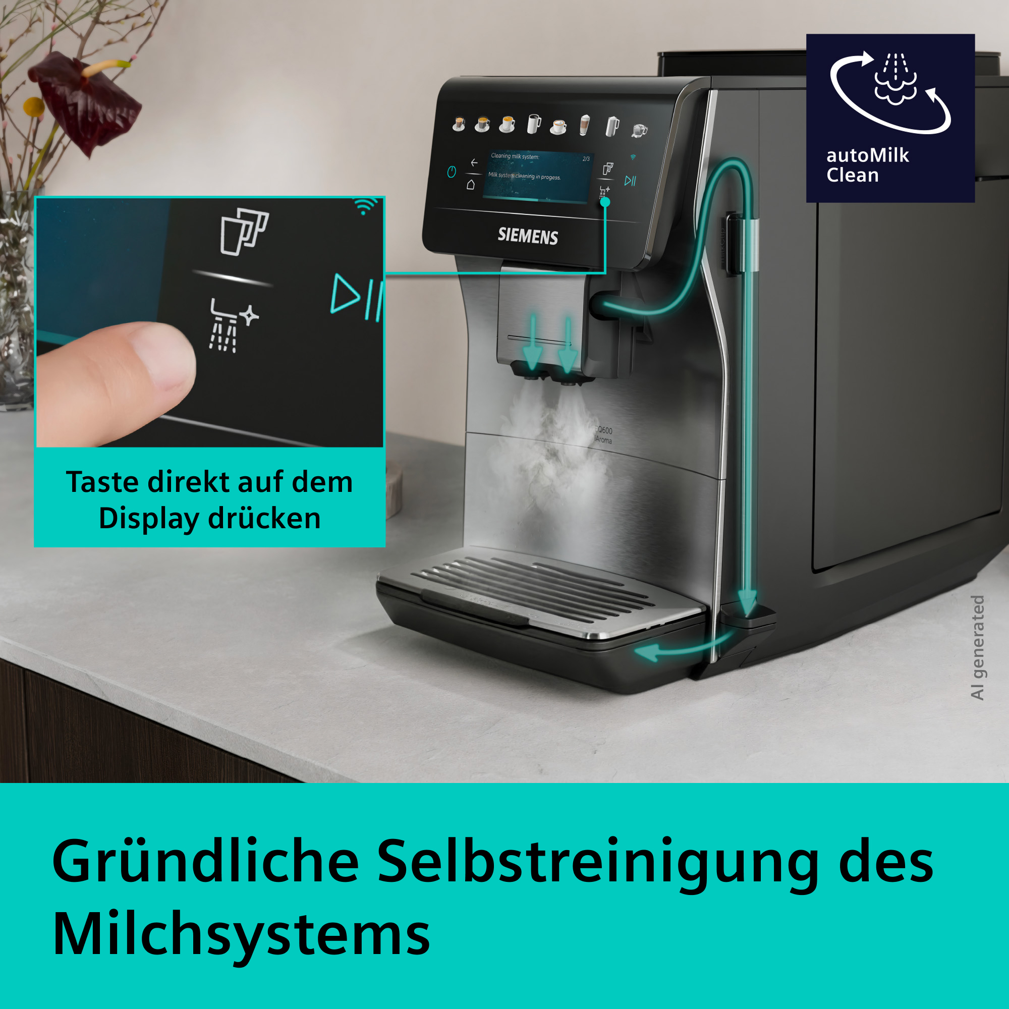 Kaffeemaschine reinigt Milchsystem. Drucken Sie auf das Display.