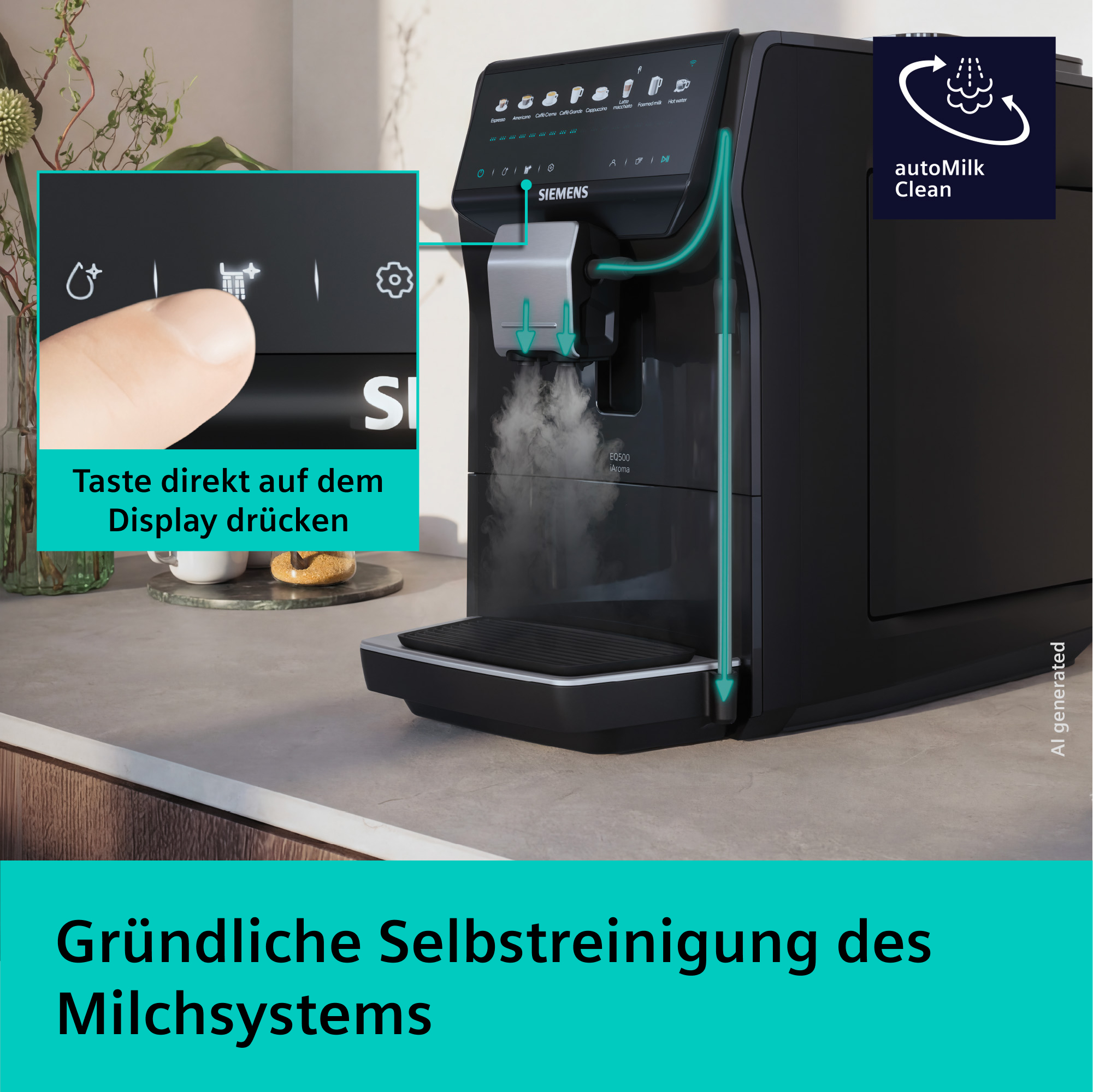 Ein schwarzer Kaffeevollautomat mit Touch-Display und Milchsystemreinigung.