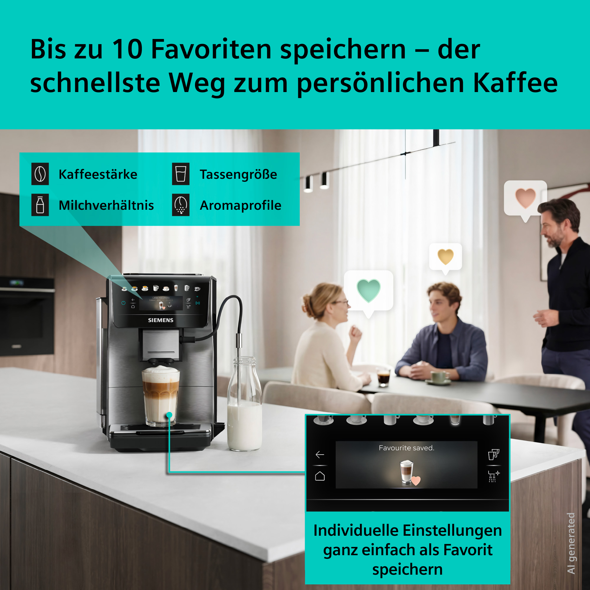 Kaffeemaschine mit Einstellungen: Kaffee, Milch, Aroma. Leute im Hintergrund.