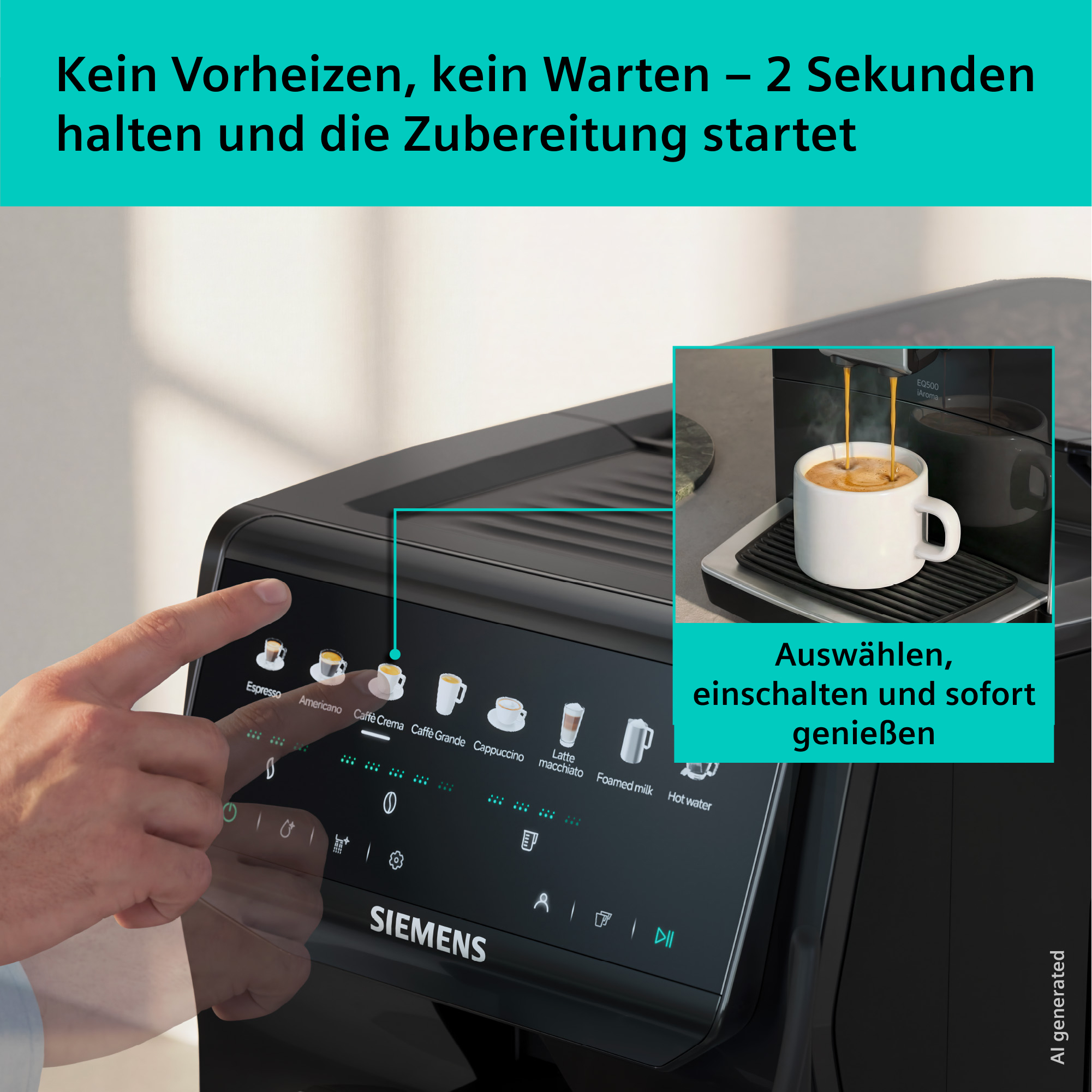Eine Hand berührt den Touchscreen einer Kaffeemaschine mit Getränkeoptionen.