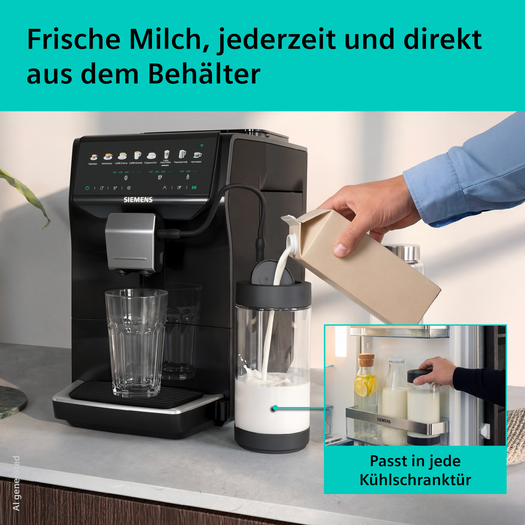 Eine Kaffeemaschine füllt Milch in einen Behälter, während ein Mann Milch in einen Kühlschrank stellt.