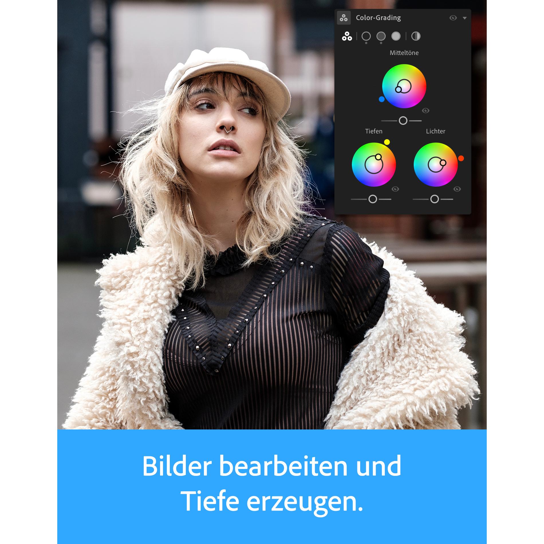 Frau mit heller Kleidung und einem weißen Hut, Color-Grading-Werkzeug im Hintergrund.