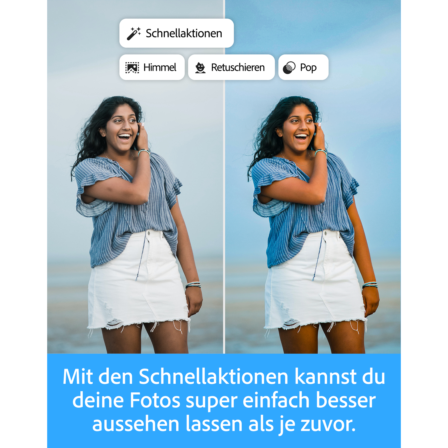 Frau lacht am Strand, daneben eine bearbeitete Version mit besserem Himmel.
