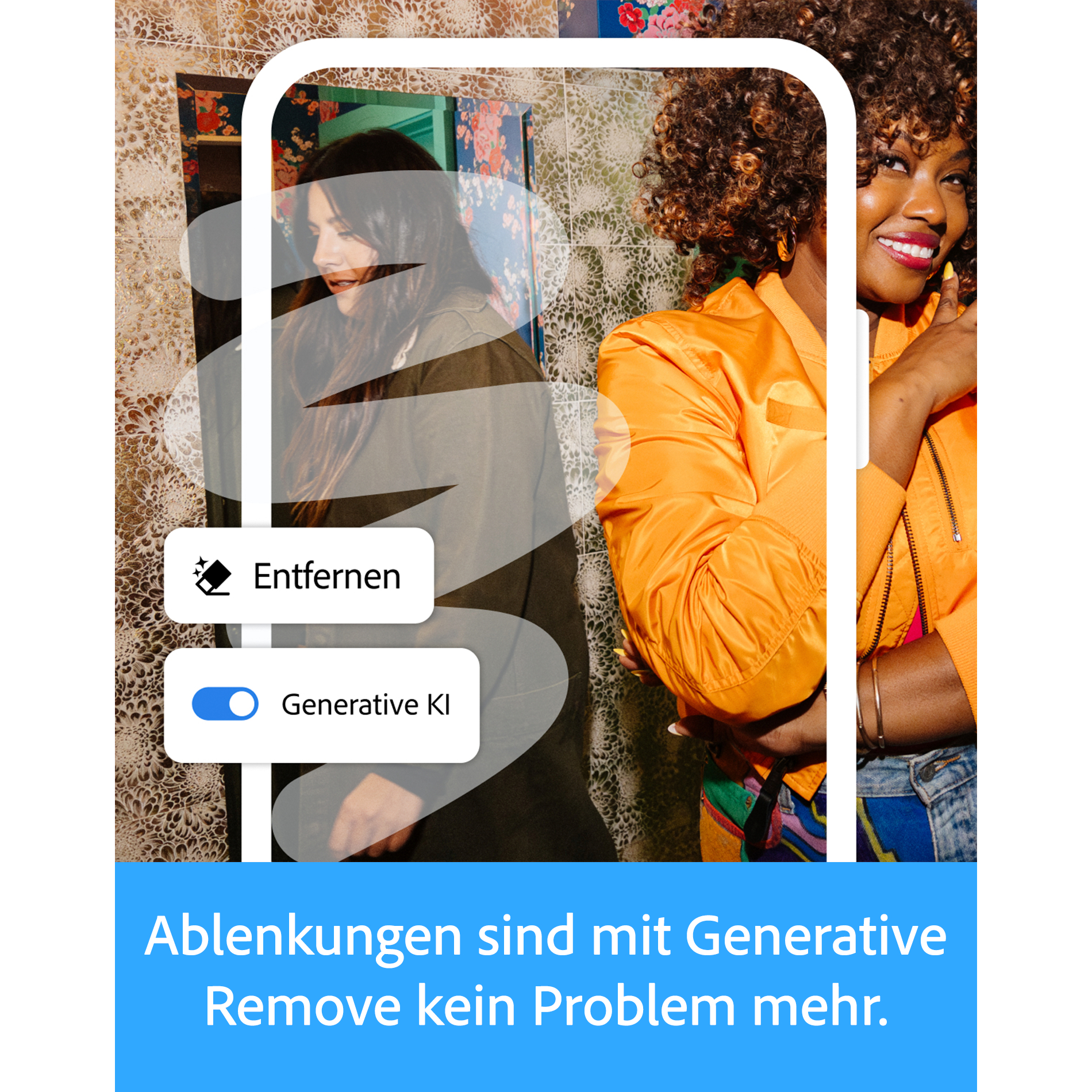 Zwei Frauen im Vordergrund, eine in Orange, mit KI-Bearbeitungselementen.