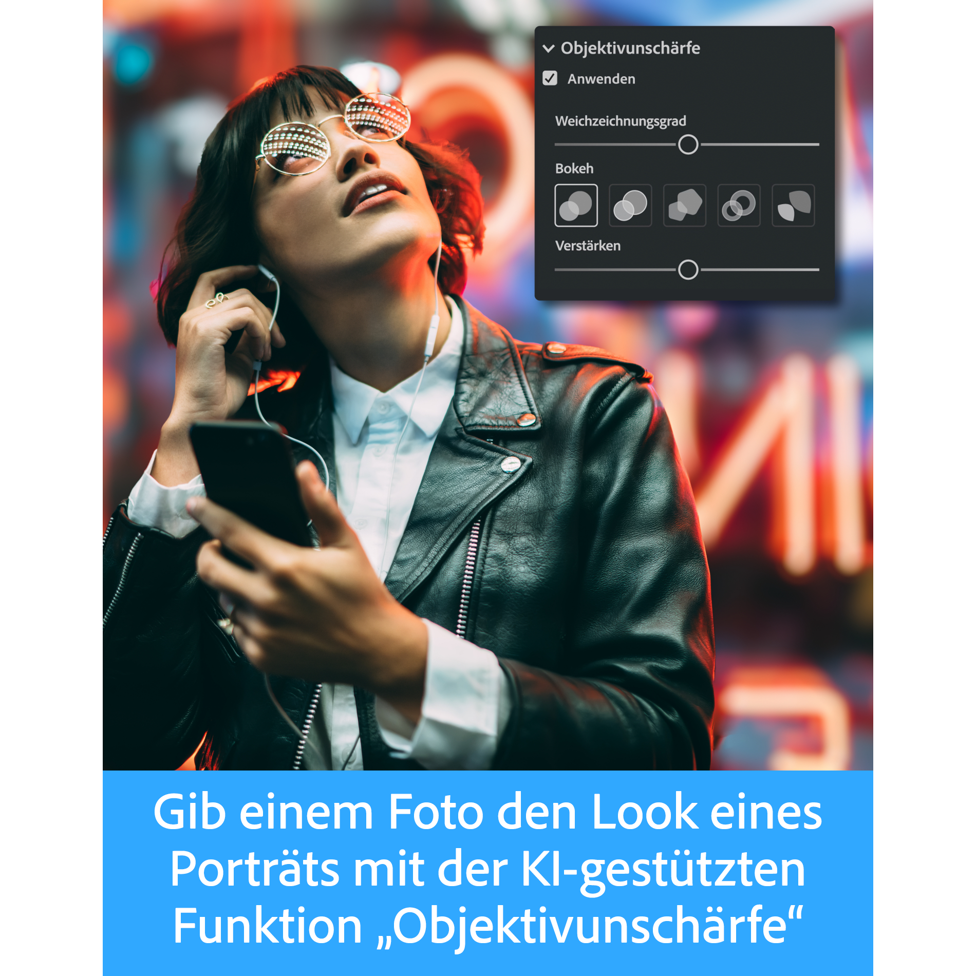 Frau mit Kopfhörern und Smartphone im Neonlicht, Software-Interface sichtbar.