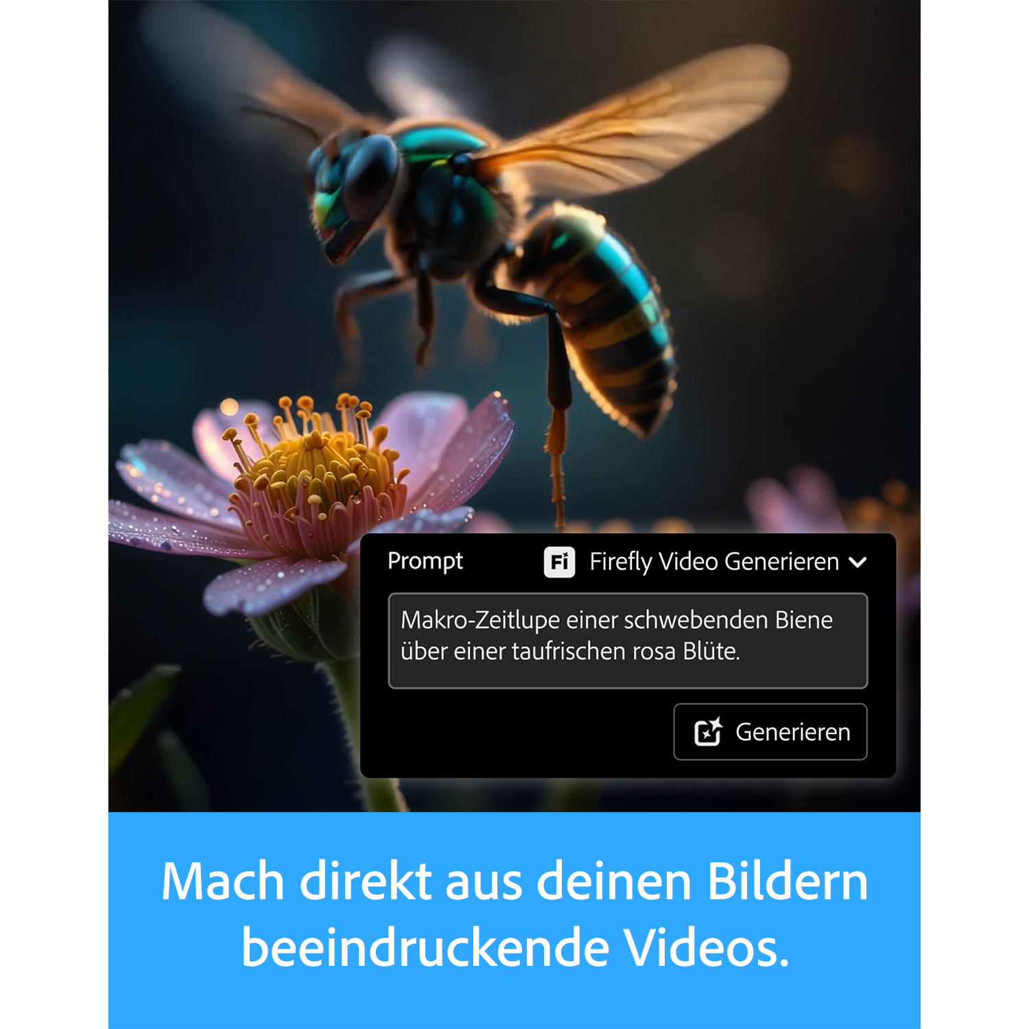 Eine Biene fliegt über eine rosa Blüte mit Wassertropfen.