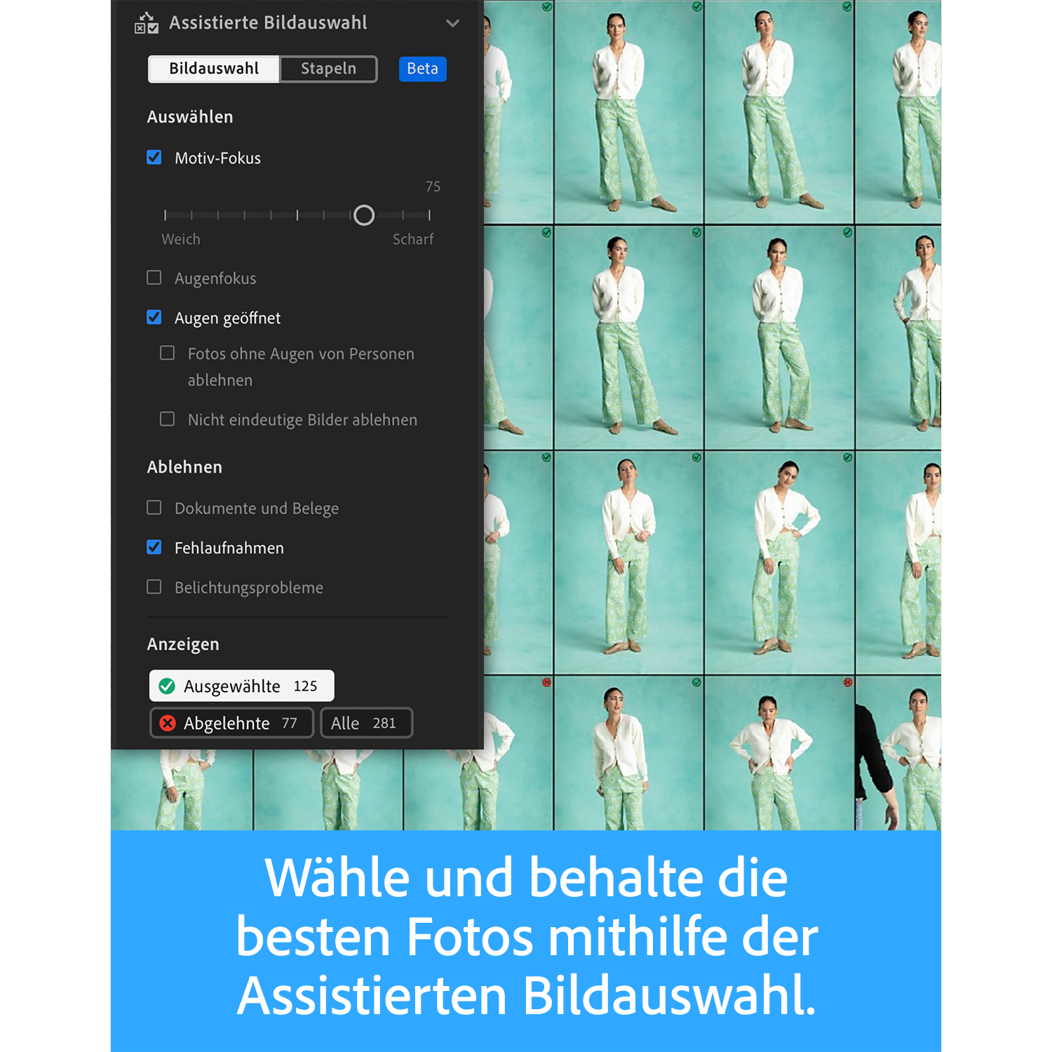 Software-Oberfläche zur Bildauswahl mit Optionen wie Motiv-Fokus und Augen geöffnet.