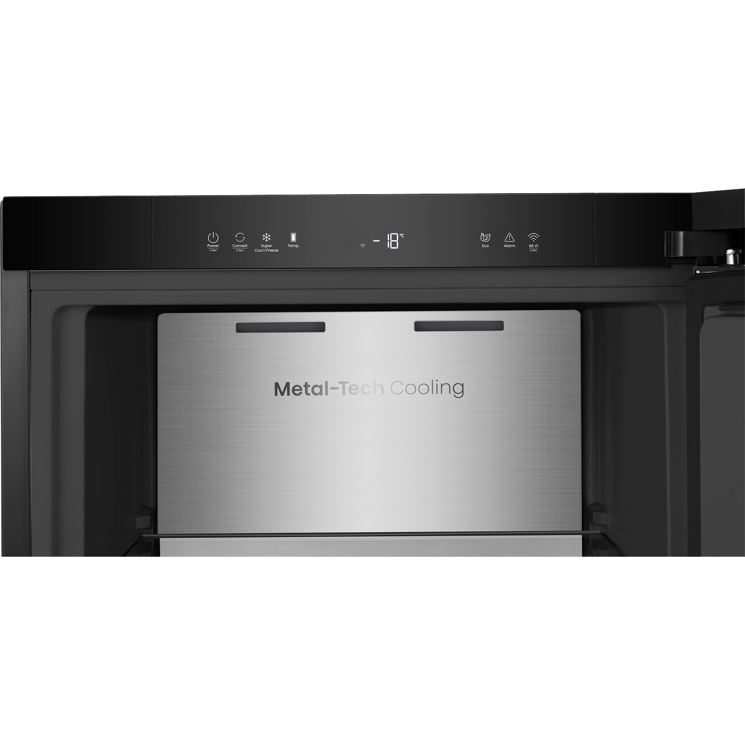 Koelkastcompartiment met "Metal-Tech Cooling" en digitaal bedieningspaneel.