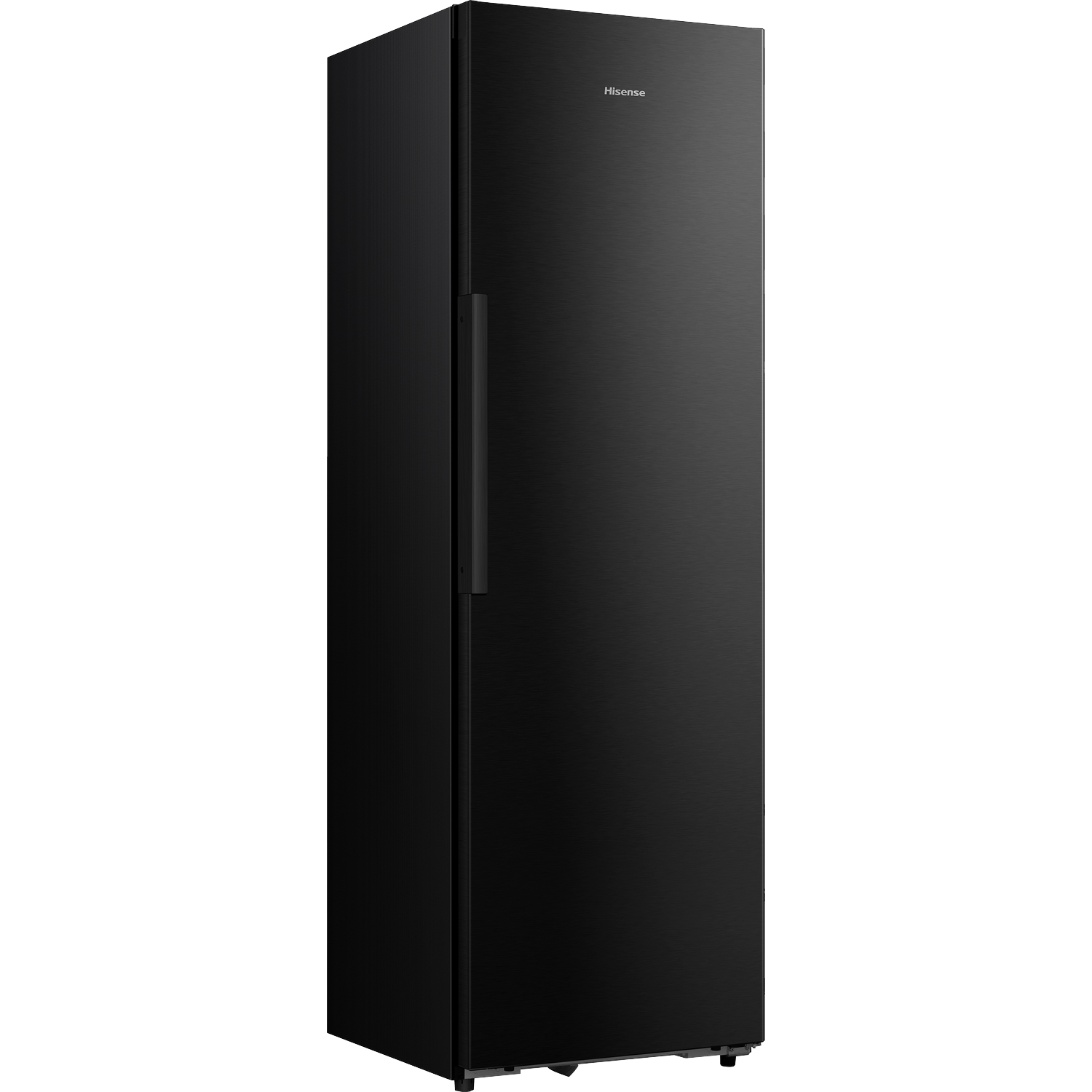 Een hoge, zwarte Hisense koelkast met geborsteld metalen afwerking en een verticale handgreep.