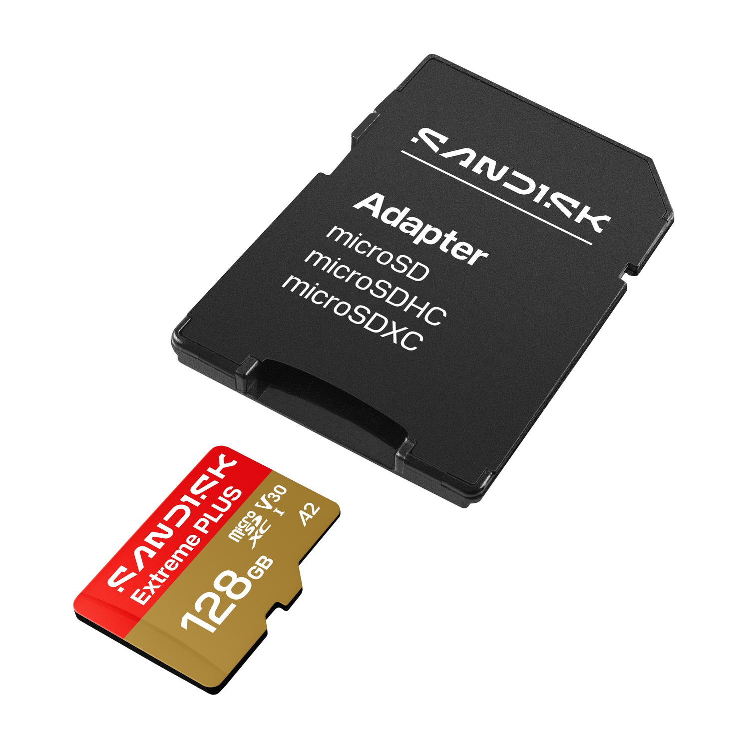Un adattatore nero con logo Sandisk e una scheda di memoria microSD rossa/oro da 128GB.