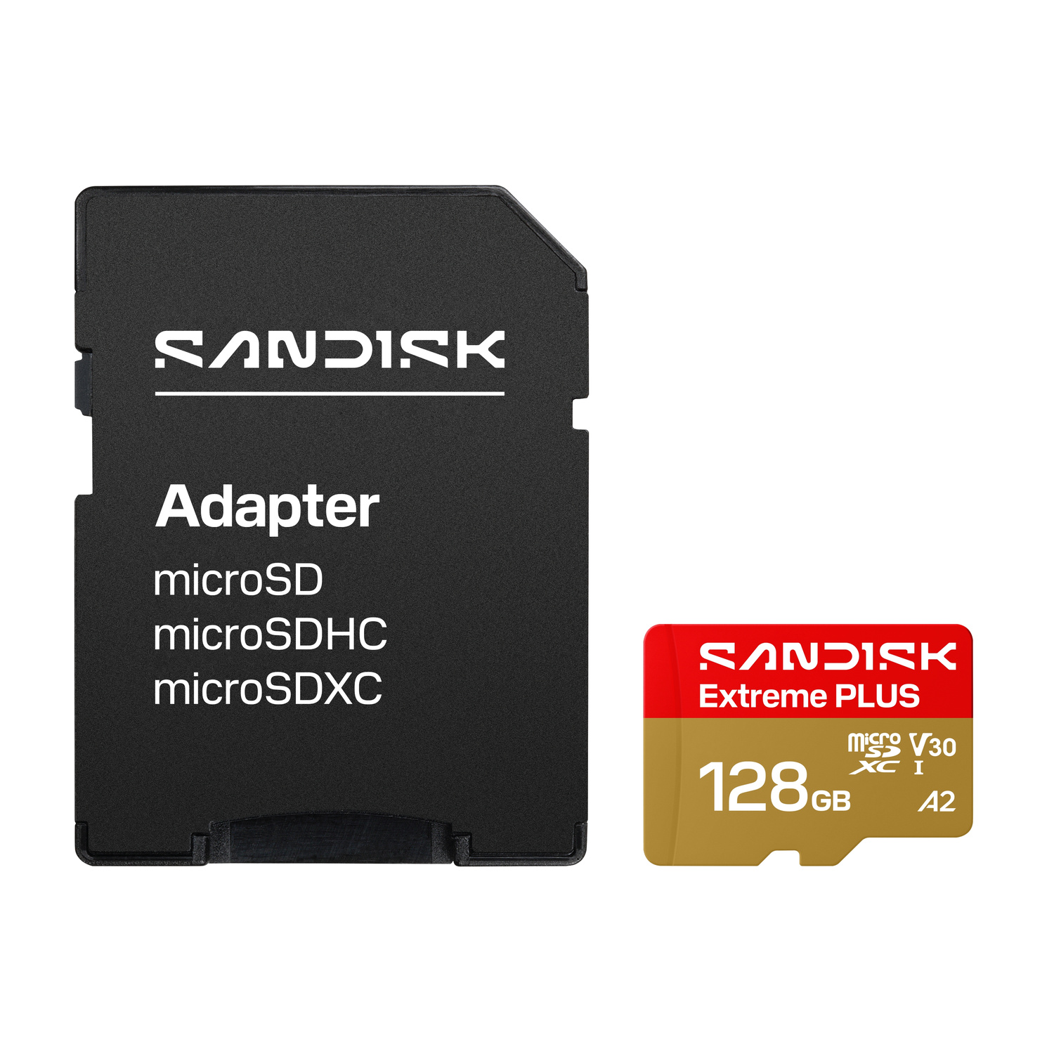 Un adattatore per scheda SD nero e una scheda di memoria microSDXC dorata da 128 GB.