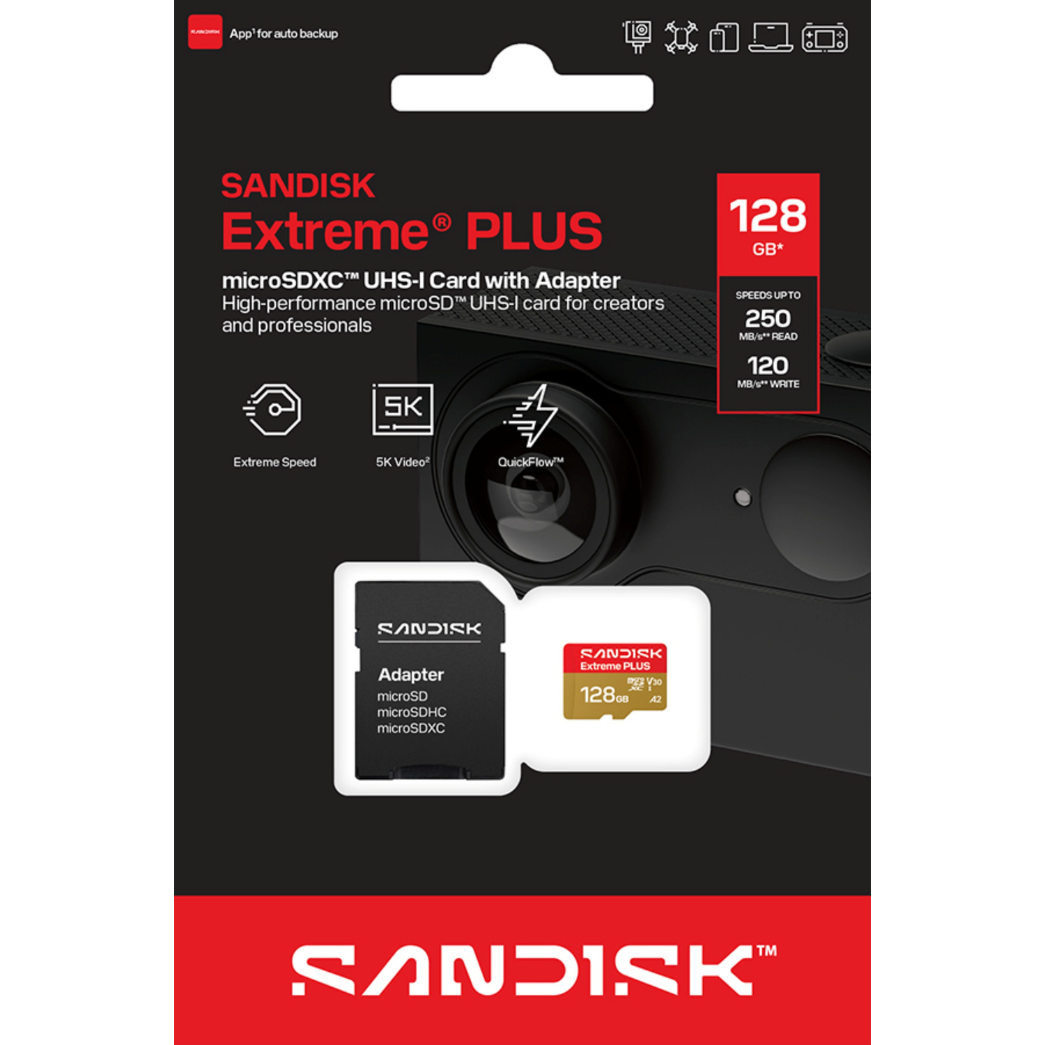 Scheda microSDXC Sandisk Extreme Plus con adattatore, 128 GB, alte prestazioni.