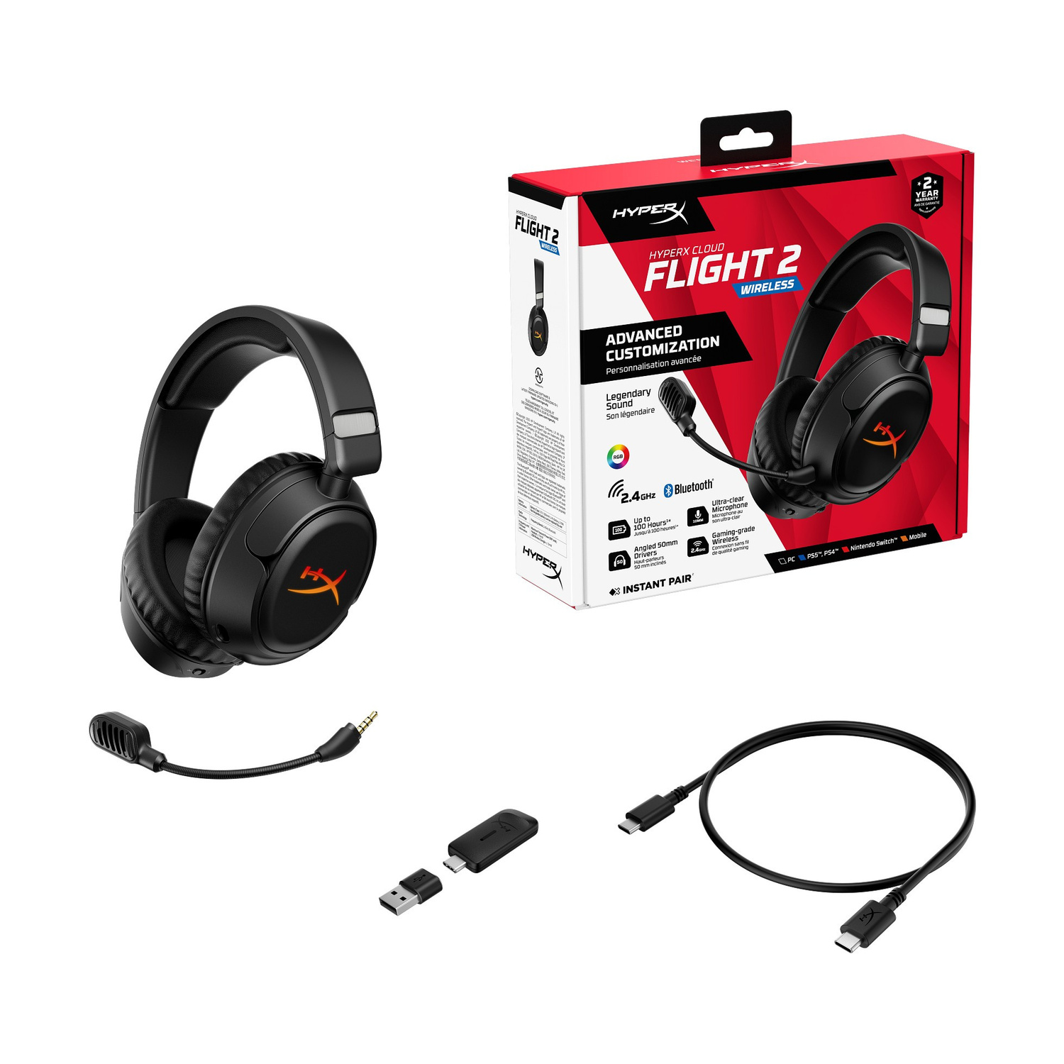 Cuffie da gioco wireless nere con microfono, dongle e cavo USB-C su sfondo bianco.