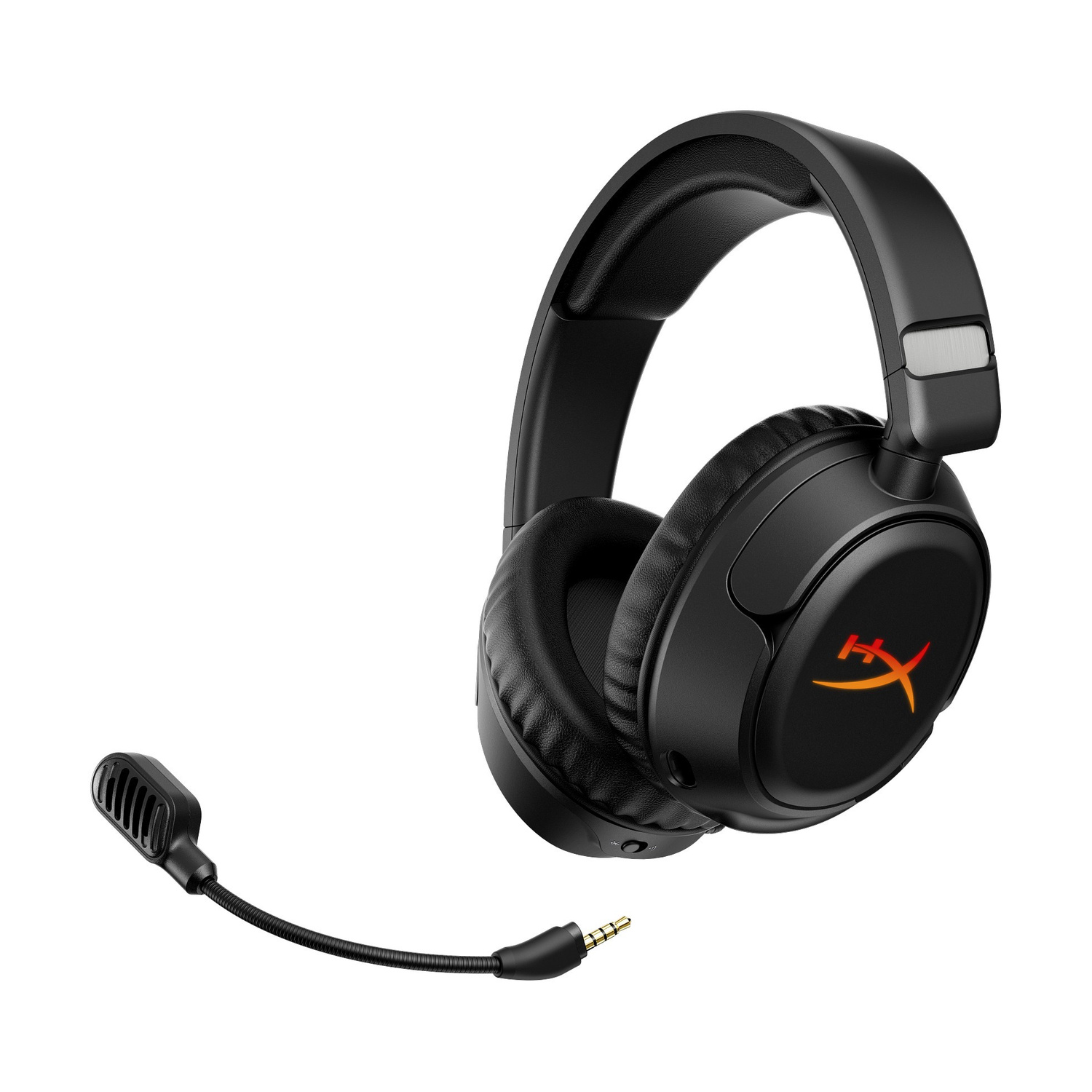 Cuffie da gaming nere con microfono e logo rosso su sfondo bianco.