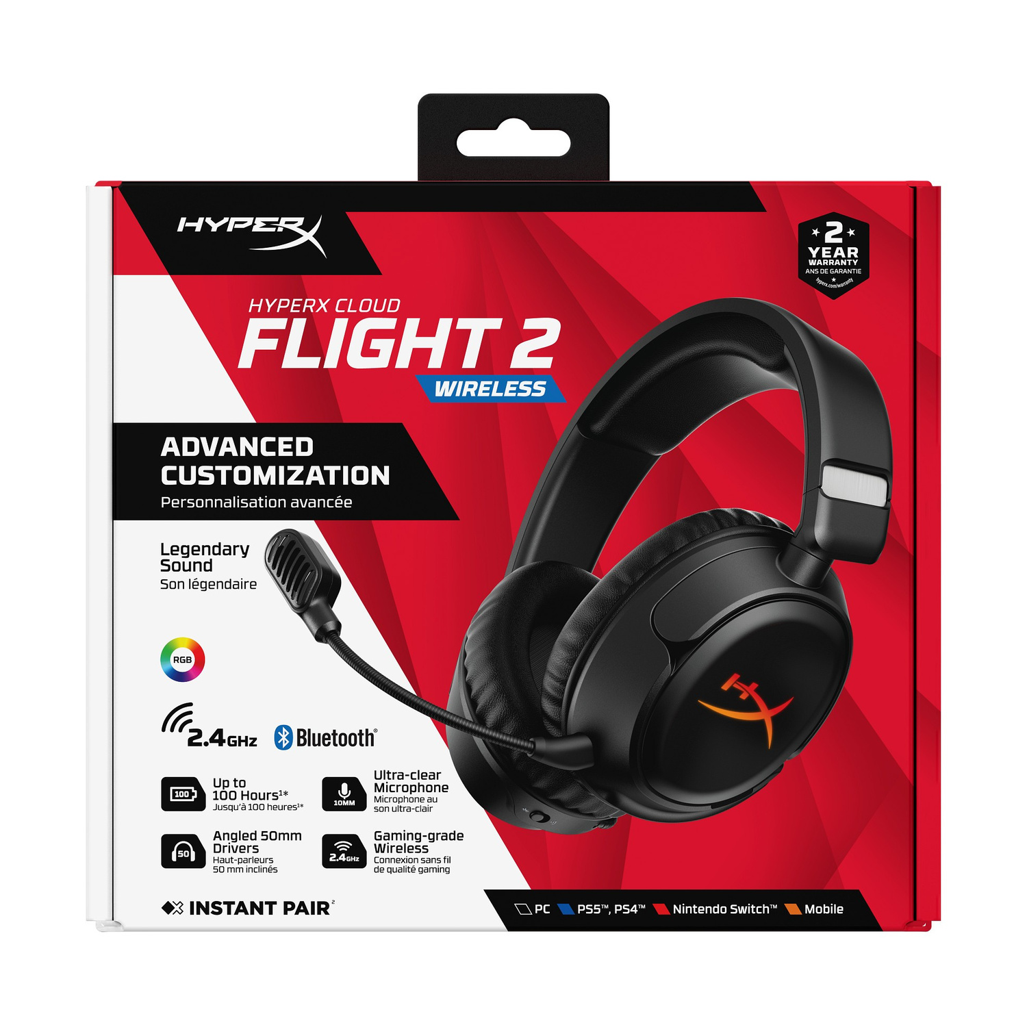 Cuffie gaming wireless HyperX Cloud Flight 2 nere con microfono su sfondo rosso.