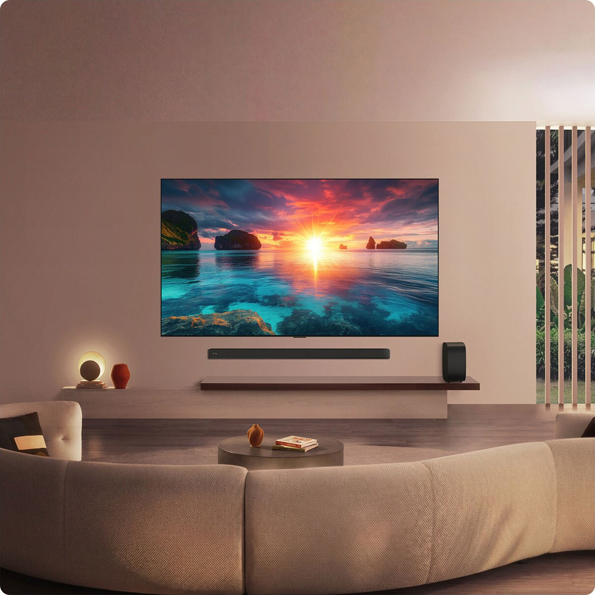 Un salon avec une grande télévision affichant un coucher de soleil sur la mer.