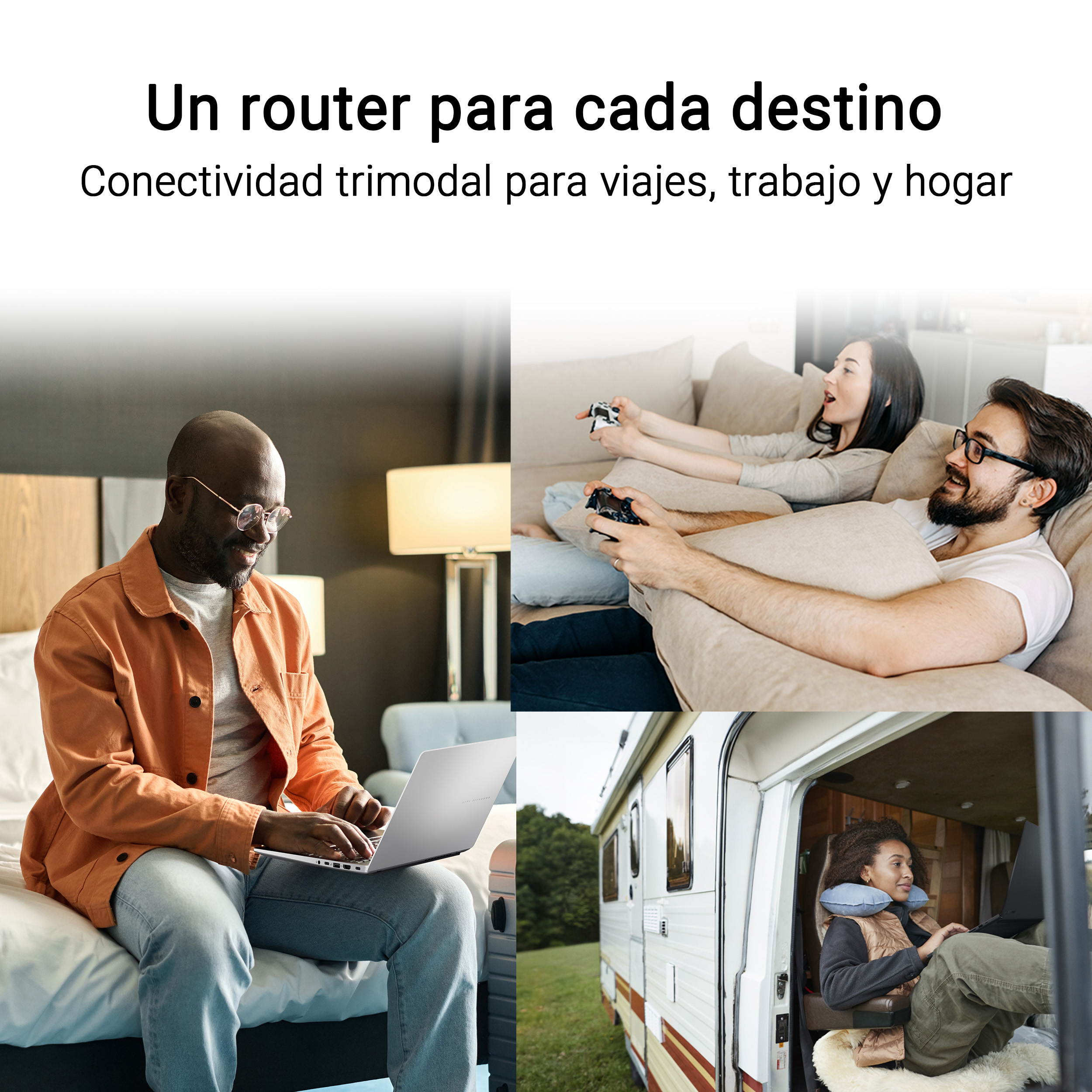 Collage muestra hombre en hotel, pareja jugando, mujer en RV con portátil.