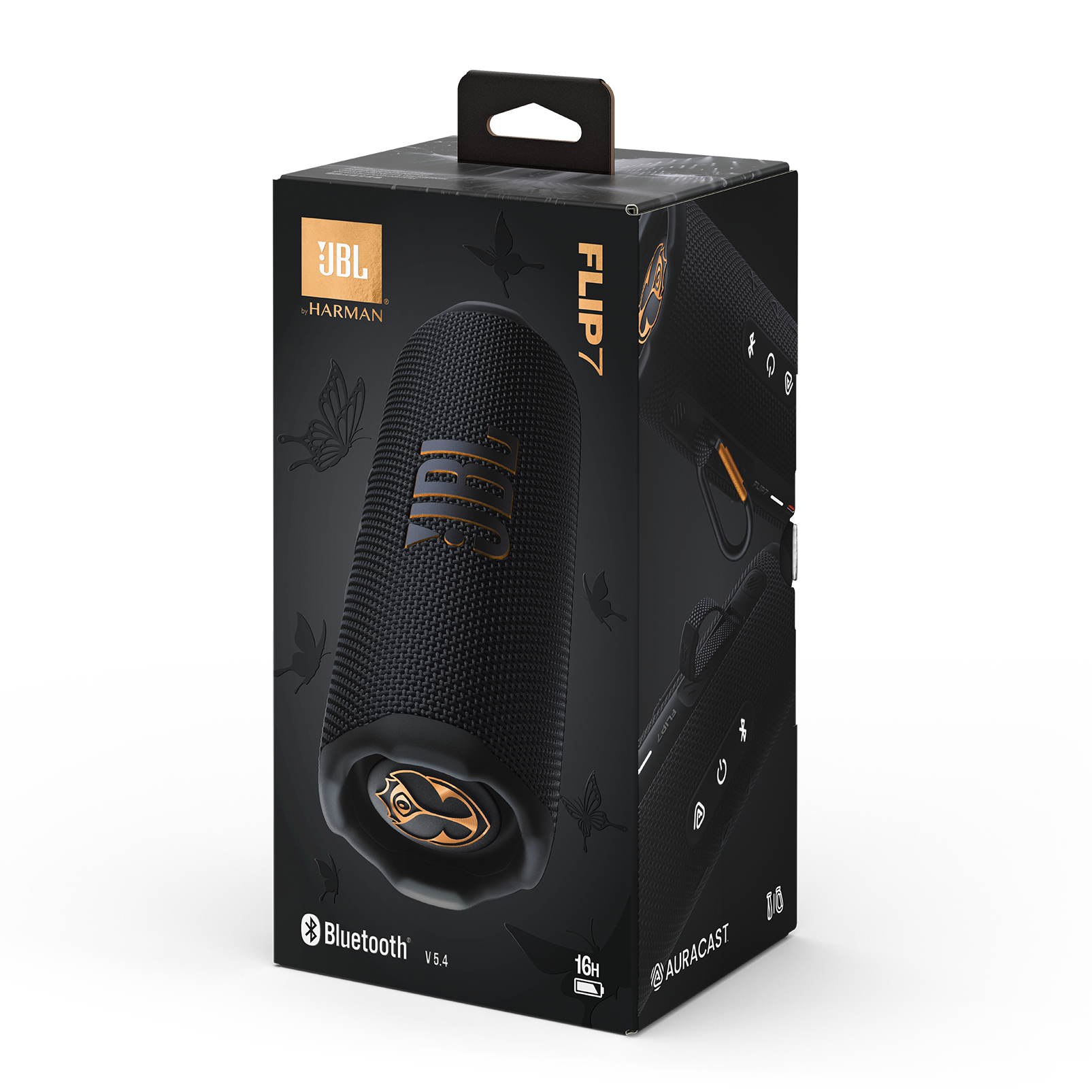 Kelebek tasarımlı siyah JBL Flip 7 kutusu ve hoparlör resmi.