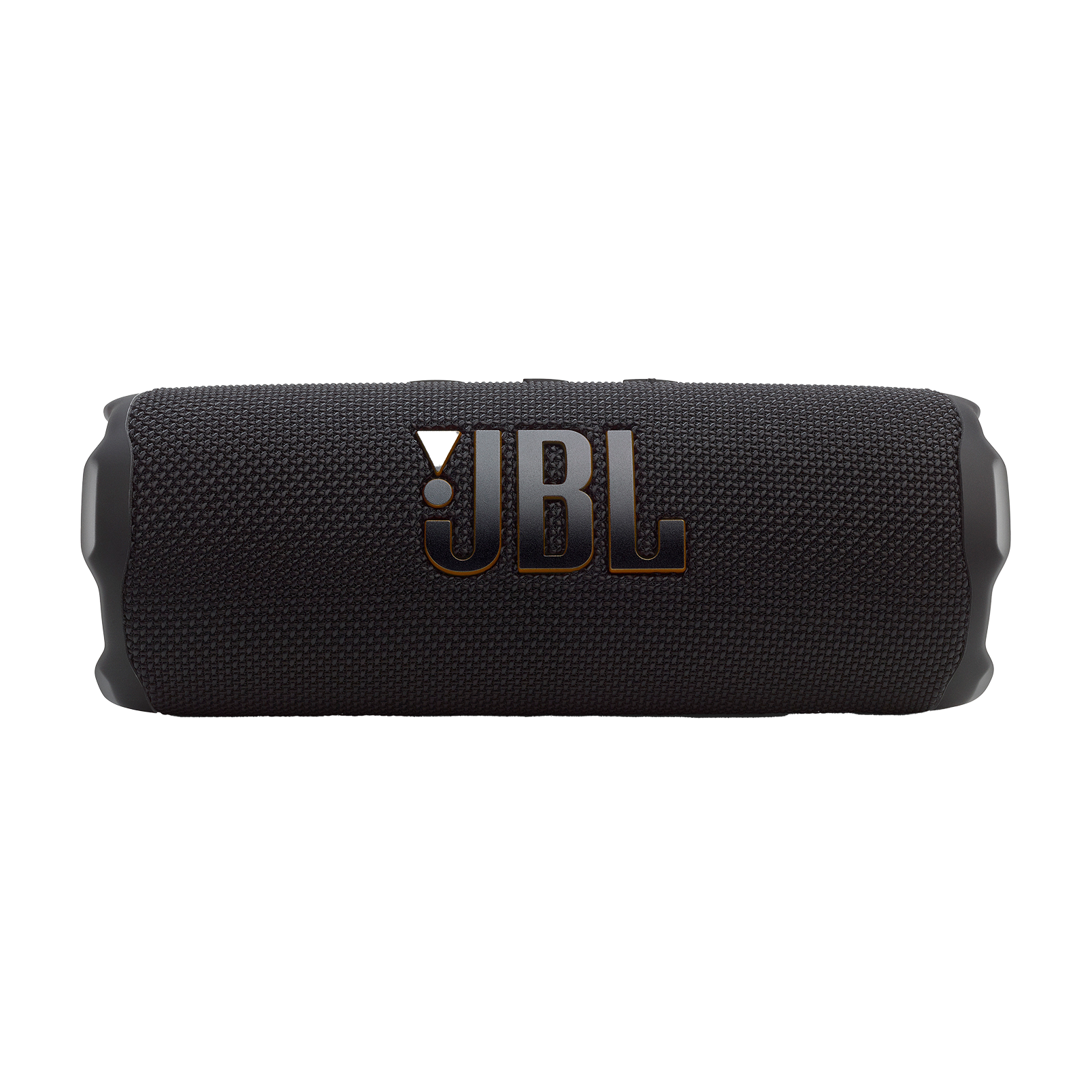 Siyah JBL Bluetooth hoparlör, kumaş ızgara ve turuncu logolu.