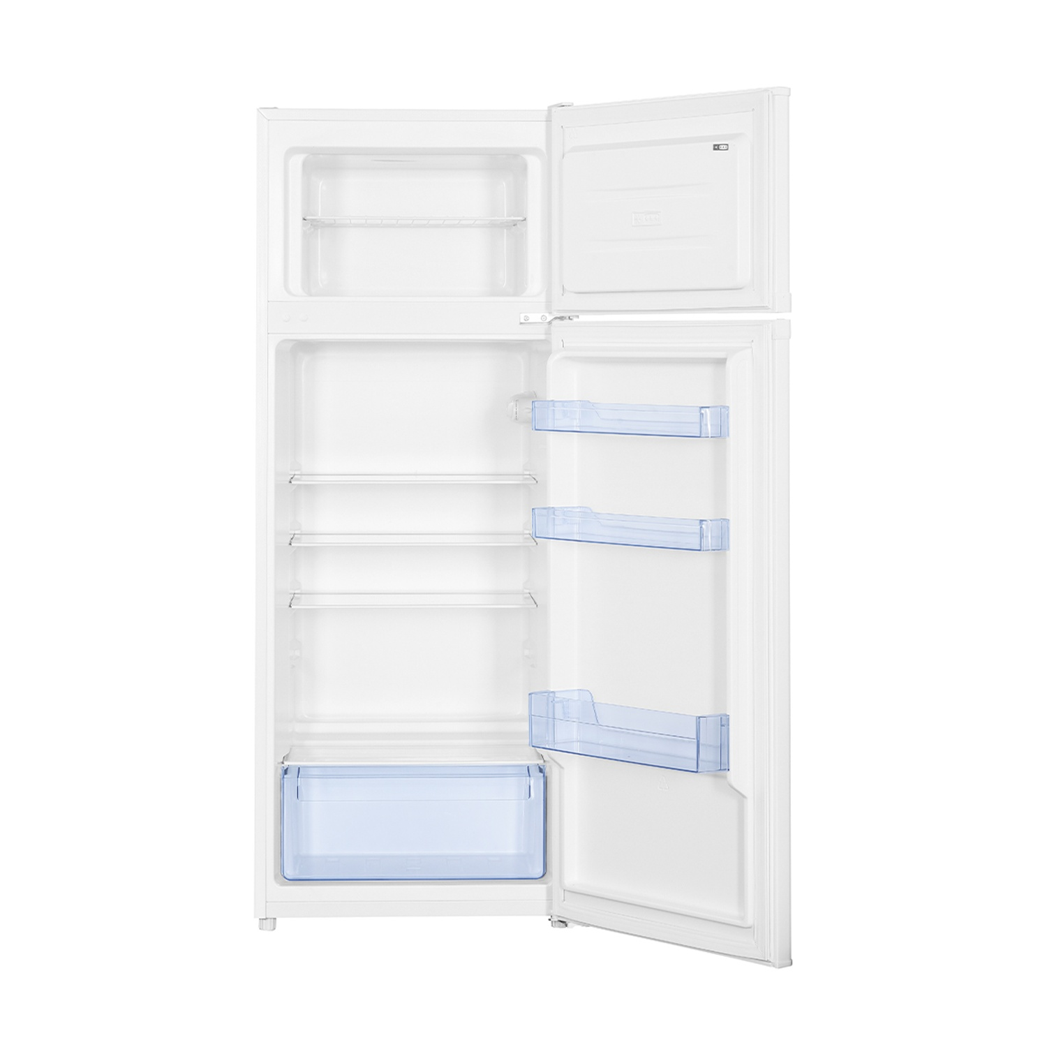 Un frigorifero bianco con porta aperta, ripiani e un cassetto per verdure.
