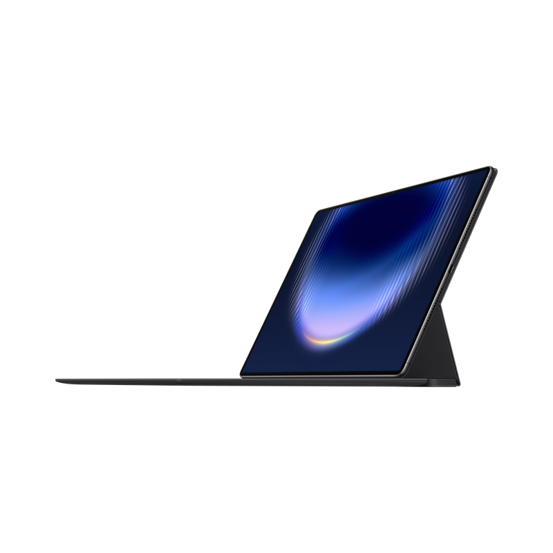 Modern bir tablet, siyah klavye ve mavi duvar kağıdı.