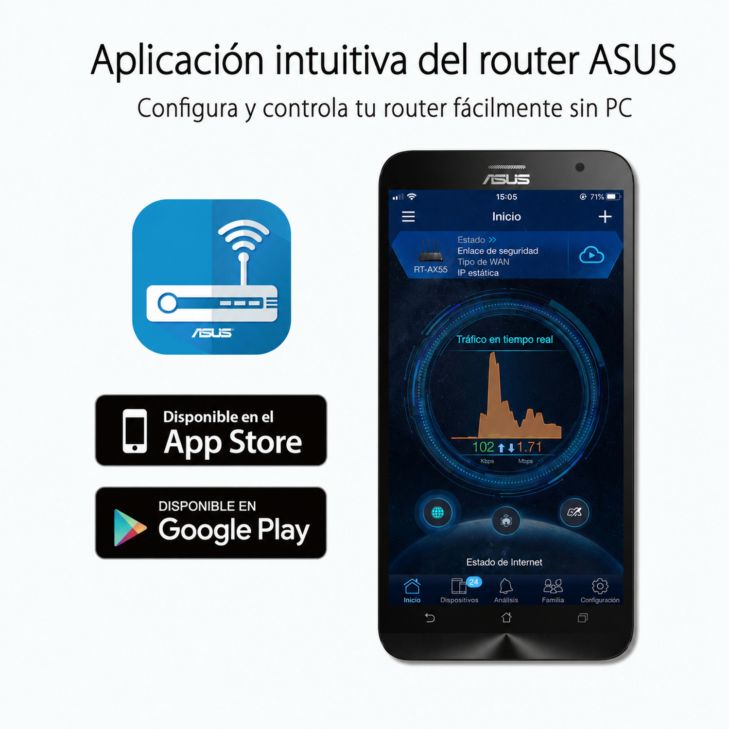 App de Router ASUS en un smartphone, con botones de descarga para App Store y Google Play.