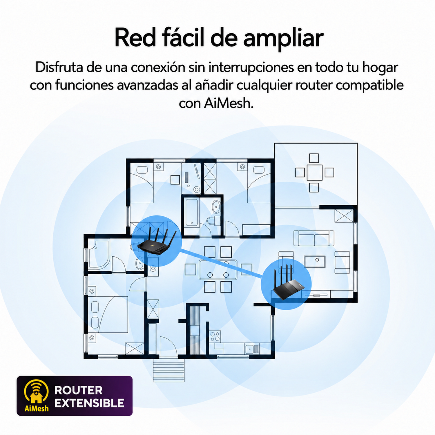 Plano de una casa con dos routers y cobertura Wi-Fi.